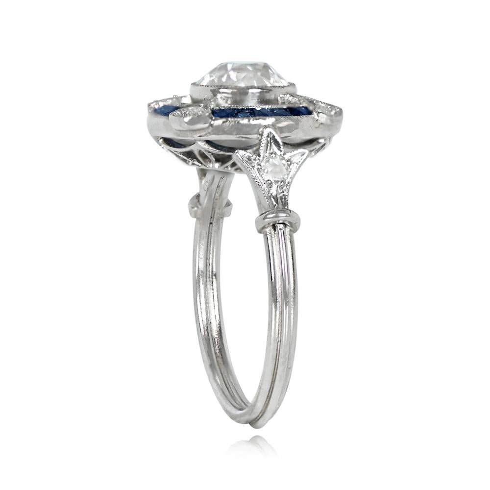Art Deco 1.31ct Old European Cut Diamond Engagement Ring, Diamond&Sapphire Halo, Platinum For Sale