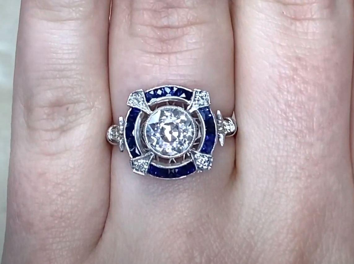 Women's 1.31ct Old European Cut Diamond Engagement Ring, Diamond&Sapphire Halo, Platinum For Sale
