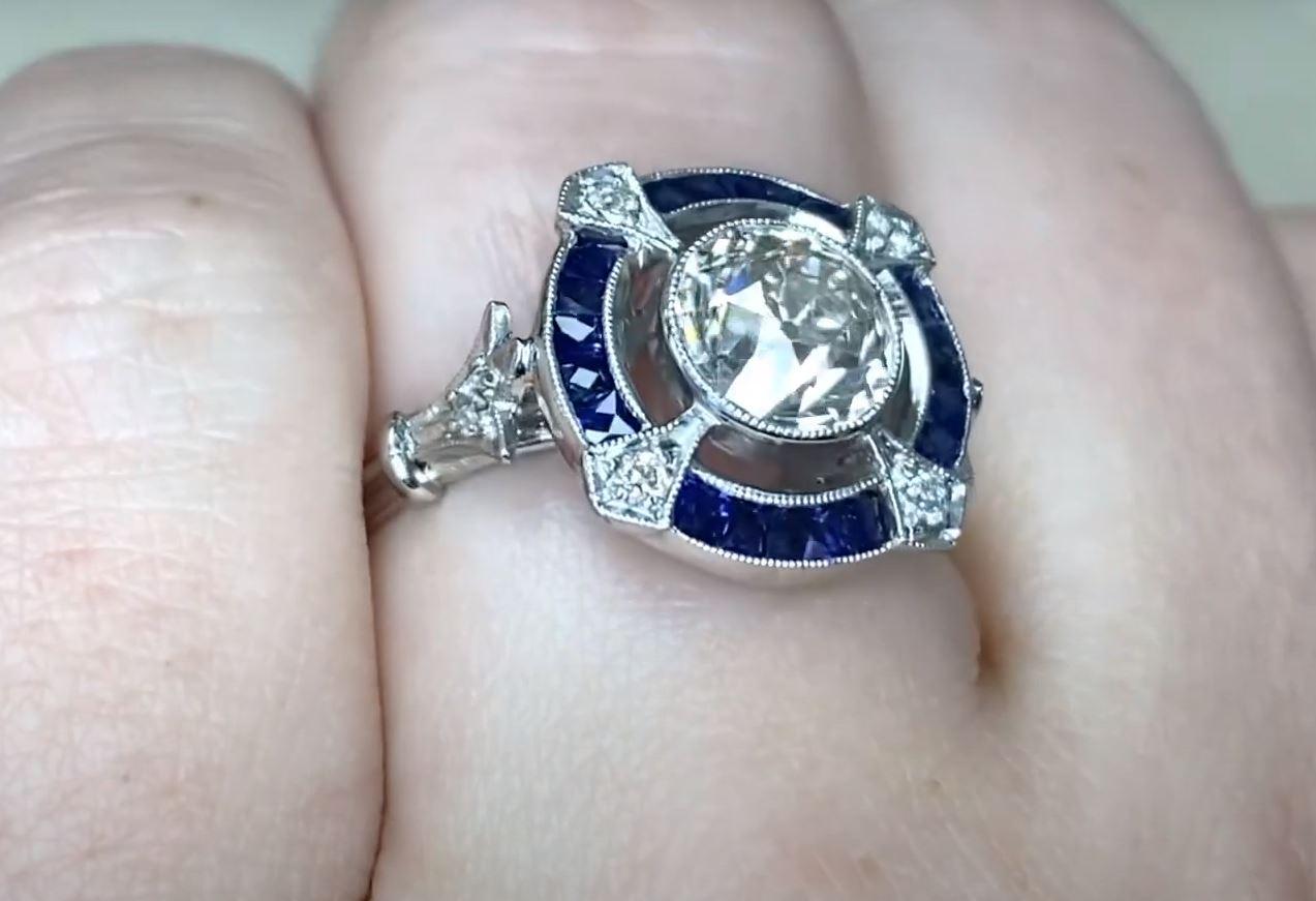 1.31ct Old European Cut Diamond Engagement Ring, Diamond&Sapphire Halo, Platinum For Sale 1