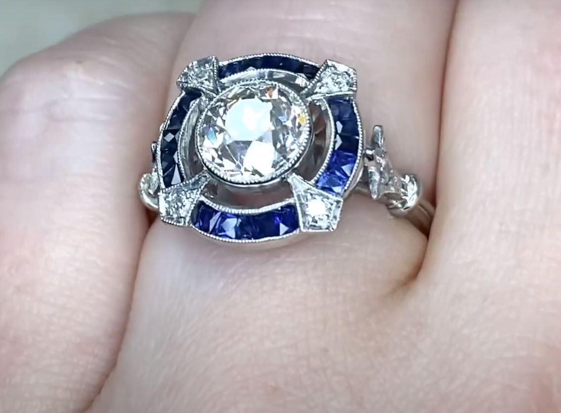 1.31ct Old European Cut Diamond Engagement Ring, Diamond&Sapphire Halo, Platinum For Sale 2