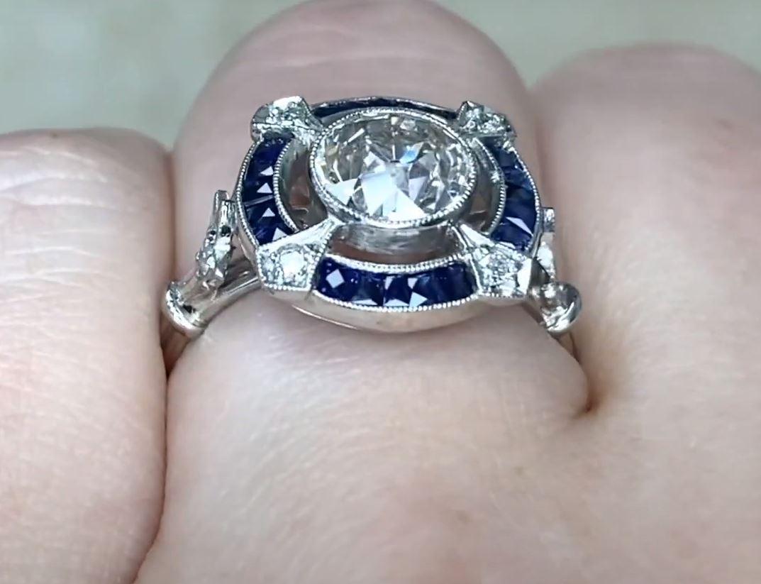 1.31ct Old European Cut Diamond Engagement Ring, Diamond&Sapphire Halo, Platinum For Sale 3