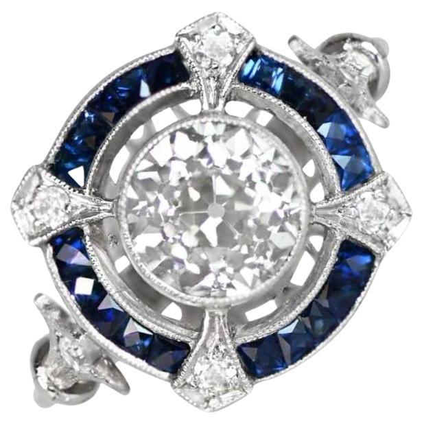 Bague de fiançailles taille européenne ancienne 1,31 carat, halo de diamants et saphirs en vente
