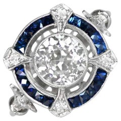 1.31ct Old European Cut Diamond Engagement Ring, Diamond&Sapphire Halo, Platinum