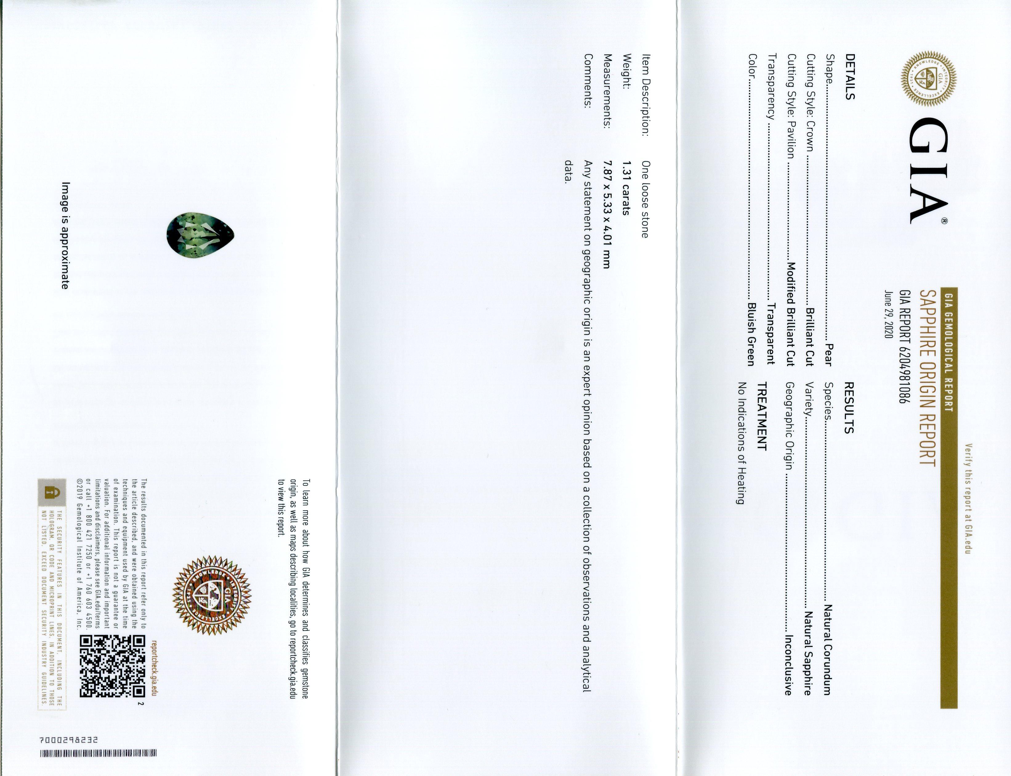 Taille brillant 1.31ct poire saphir vert sarcelle certifié GIA non chauffé en vente