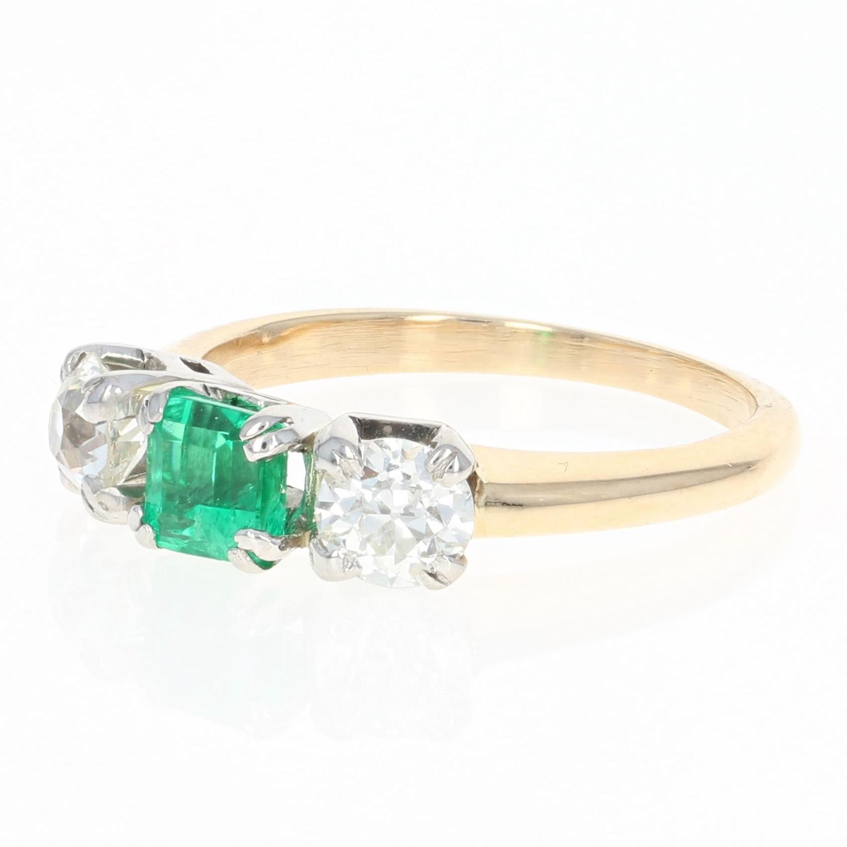 Capture a part of the Art Deco Era’s vivacious style with this gorgeous ring! Composed of 14k yellow and white gold and fashioned in a three-stone design, this piece showcases a radiant emerald flanked by two sparkling diamonds. This stunning