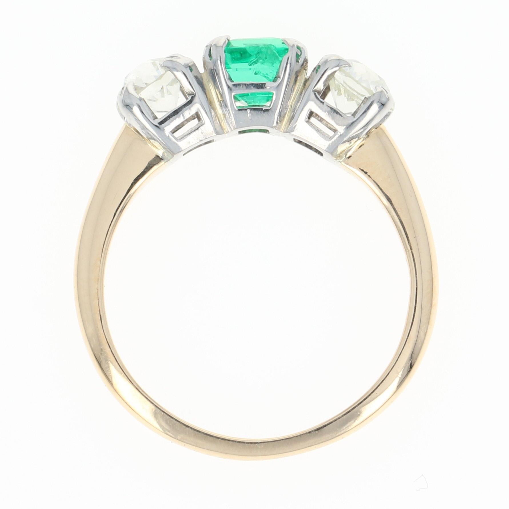 Women's 1.31 Carat Emerald and Diamond Art Deco Ring, 14 Karat Yellow Gold Vintage