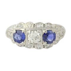 1.31ctw Old European Cut Diamond and Sapphire Art Deco Ring 900 Platinum Vintage