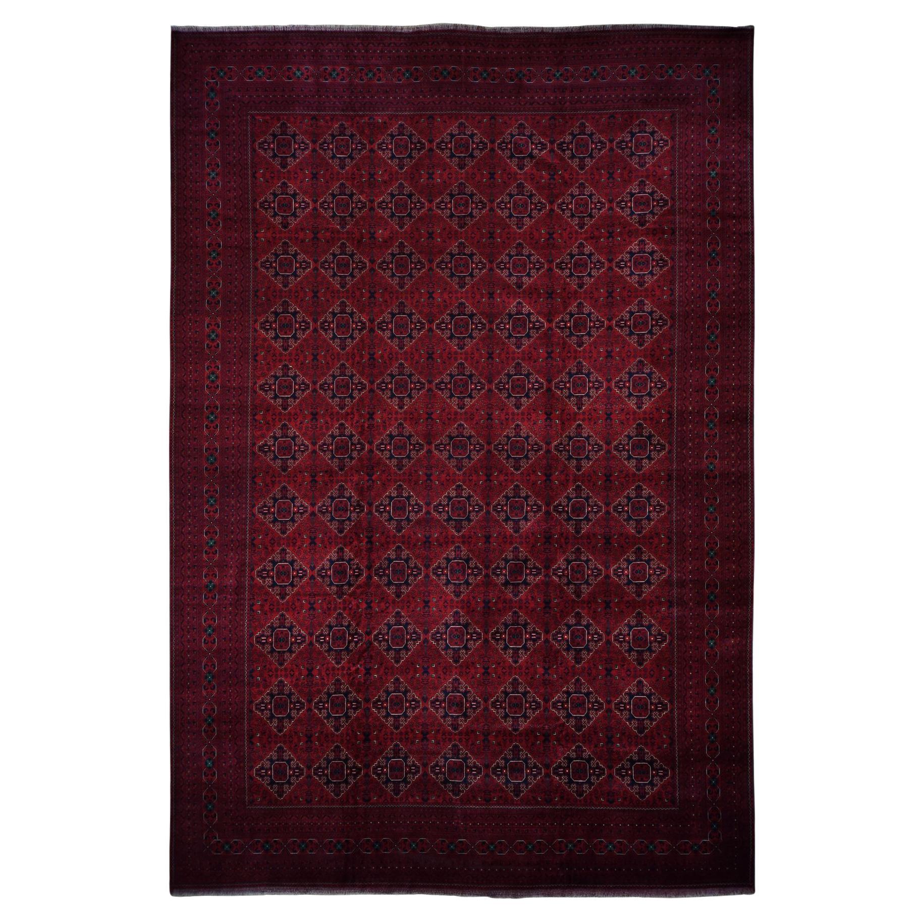 13'1"x19'9" Scheune Rot, afghanischer Khamyab, glänzende Wolle, handgeknüpfter Teppich in Kamingröße im Angebot