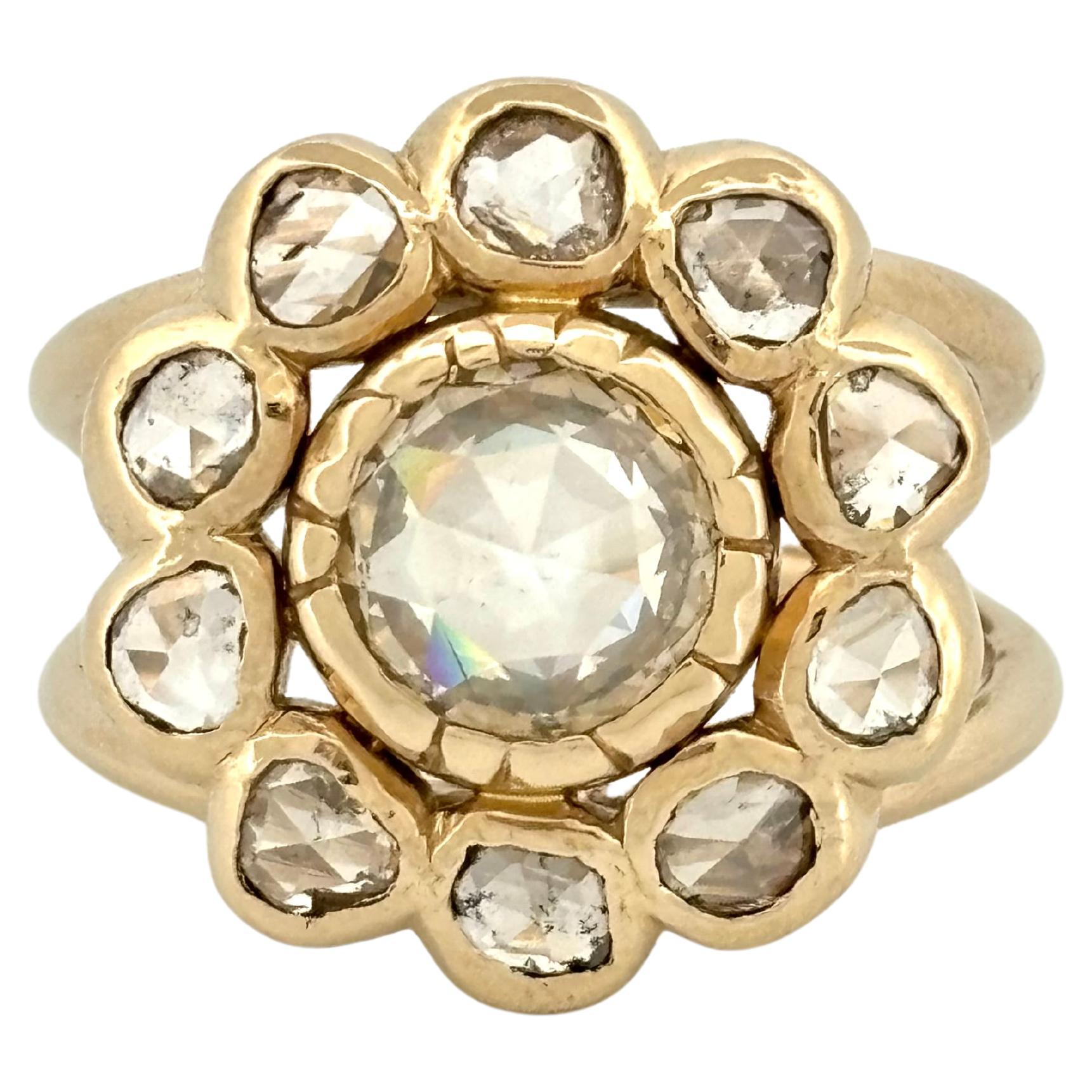 1.32 + 1.04 Ct Natural Rose Cut Diamond Art Deco Statement Ring in 18K Gold