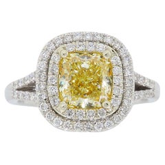 1.32 Carat Cushion Cut Yellow Diamond Halo Ring