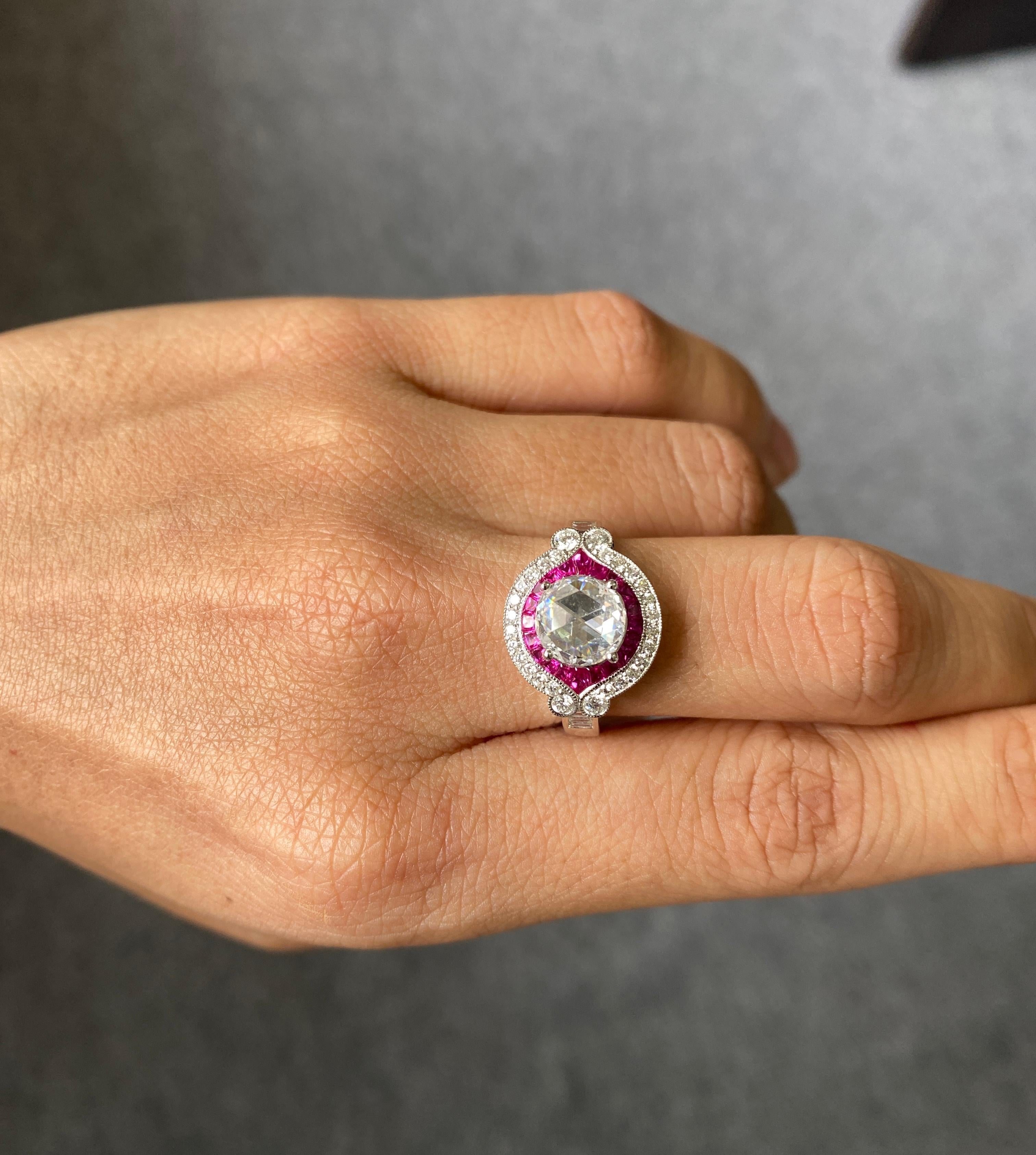 Taille rose Bague de fiançailles solitaire en rubis et diamant de 1,32 carat en vente
