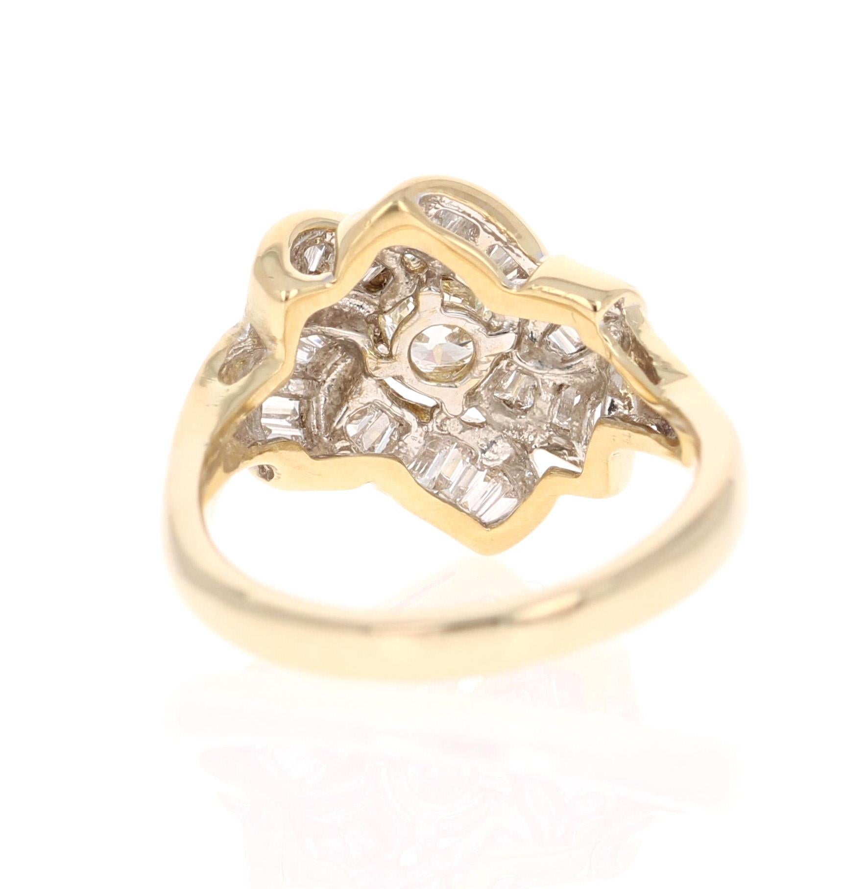 Baguette Cut 1.32 Carat Diamond Cluster 14 Karat Yellow Gold Ring For Sale