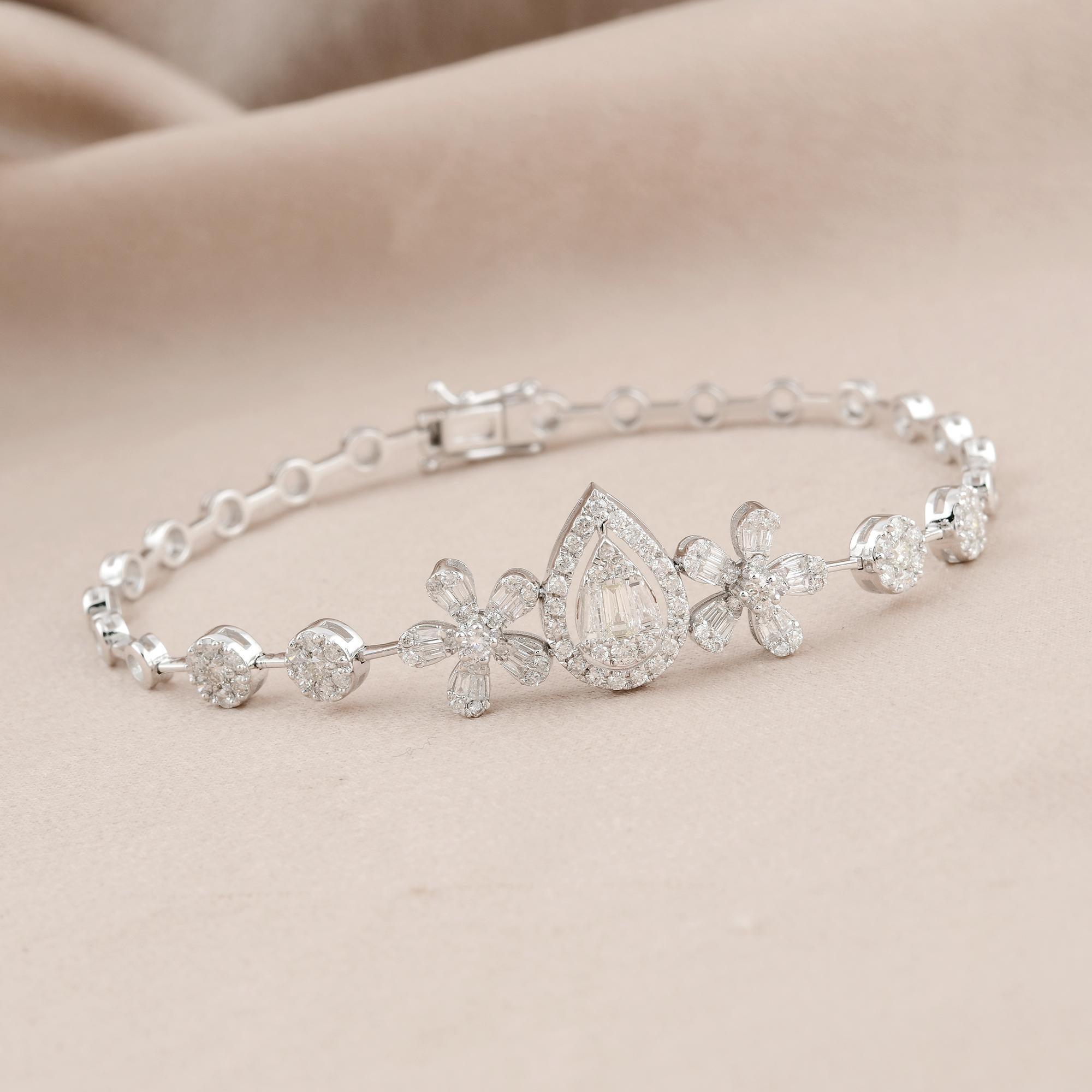 Round Cut Real 1.32 Carat Diamond Flower Charms Bracelet 18 Karat White Gold Fine Jewelry For Sale