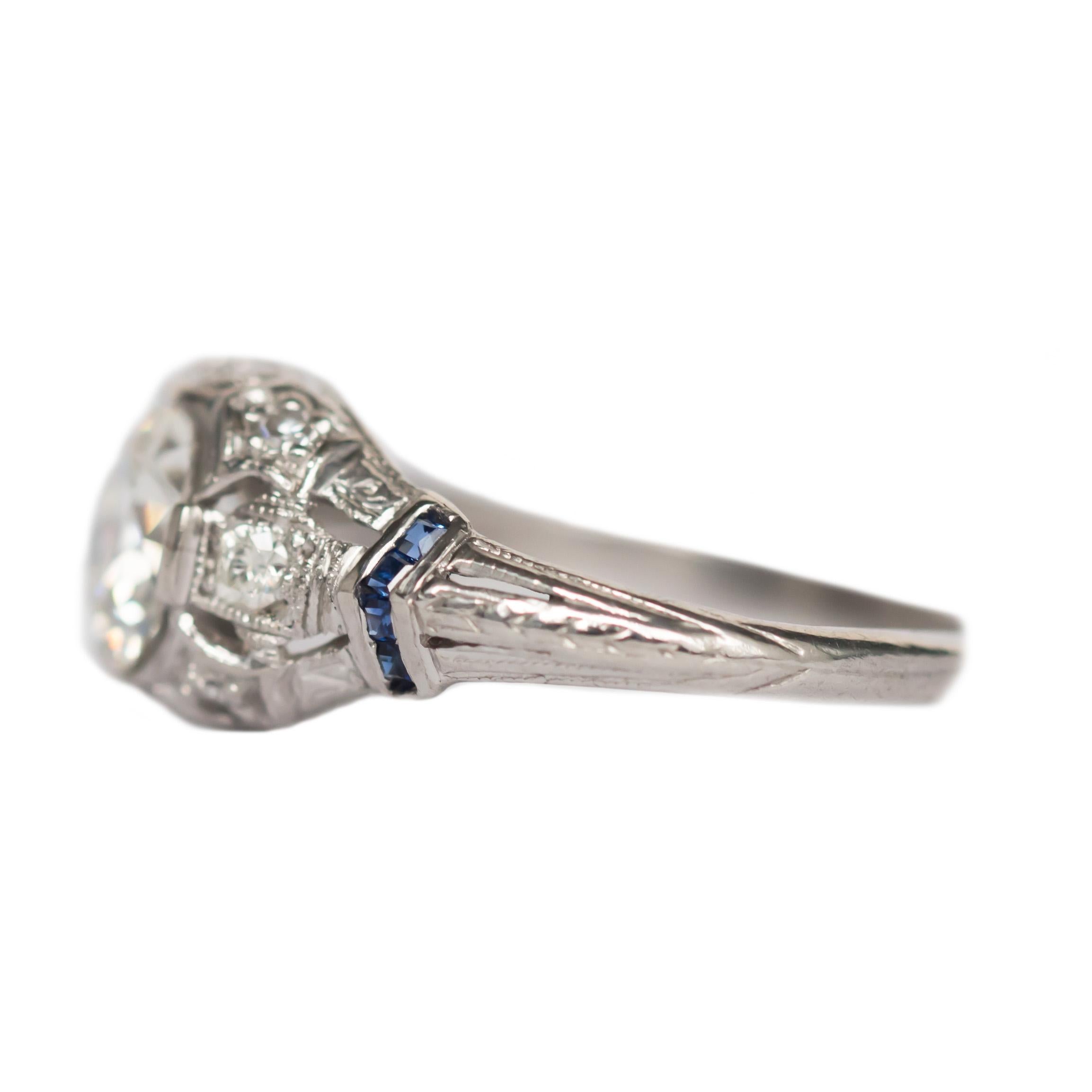 Item Details: 
Ring Size: 7.5
Metal Type: Platinum [Tested & Hallmarked]
Weight: 3.2 grams

Center Stone Details:
Weight: 1.32 carat
Cut: Old European Brilliant
Color: I
Clarity: SI2 

Side Diamond Stone Details:
Weight: .10 carat, total weight
Cut:
