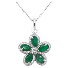 IGI Certified 1.32ct Emerald and Diamond Flower Pendant Necklace 14K White Gold 