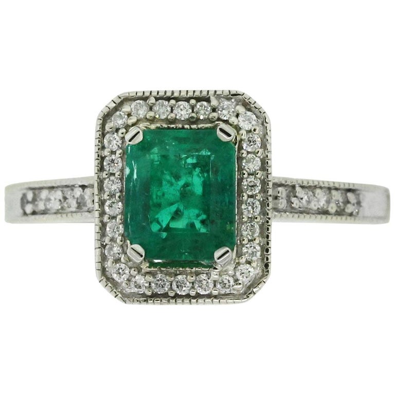 1.32 Carat Emerald Cut Emerald Diamond Halo Ladies Ring For Sale (Free ...