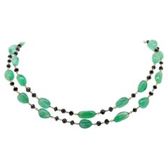 132 Carat Emeralds Beads with Black Diamond Beads Link Necklace