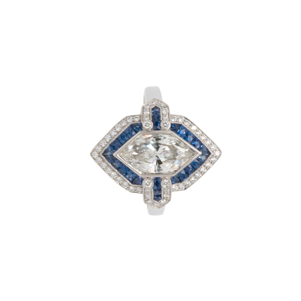 Bague à bouclier en diamant naturel et saphir de 1,32 carat et taille marquise en vente 3