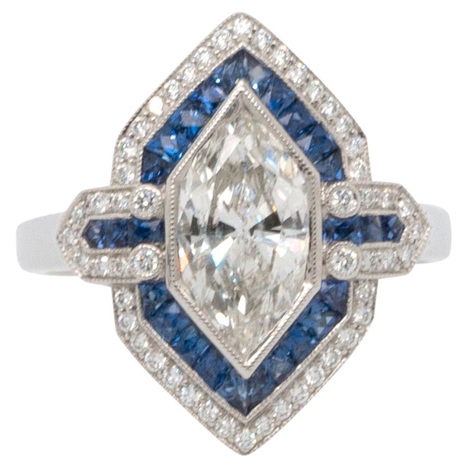 1.32 Carat Marquise Cut Natural Diamond & Sapphire Shield Ring For Sale