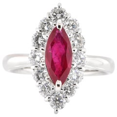 1.32 Carat Natural Marquise-Shape Ruby and Diamond Ring Set in Platinum