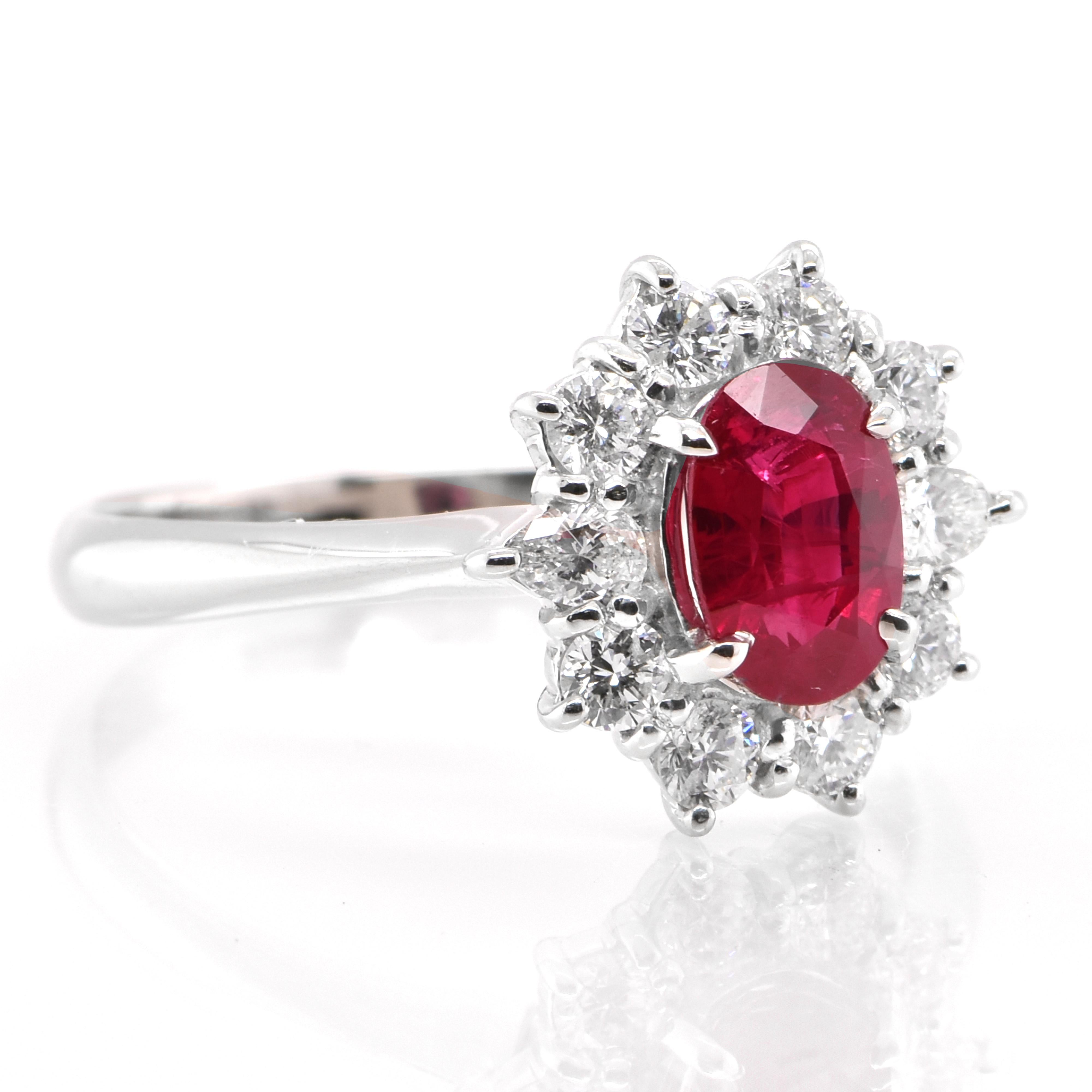 Modern 1.32 Carat Natural Ruby and Diamond Halo Engagement Ring Set in Platinum