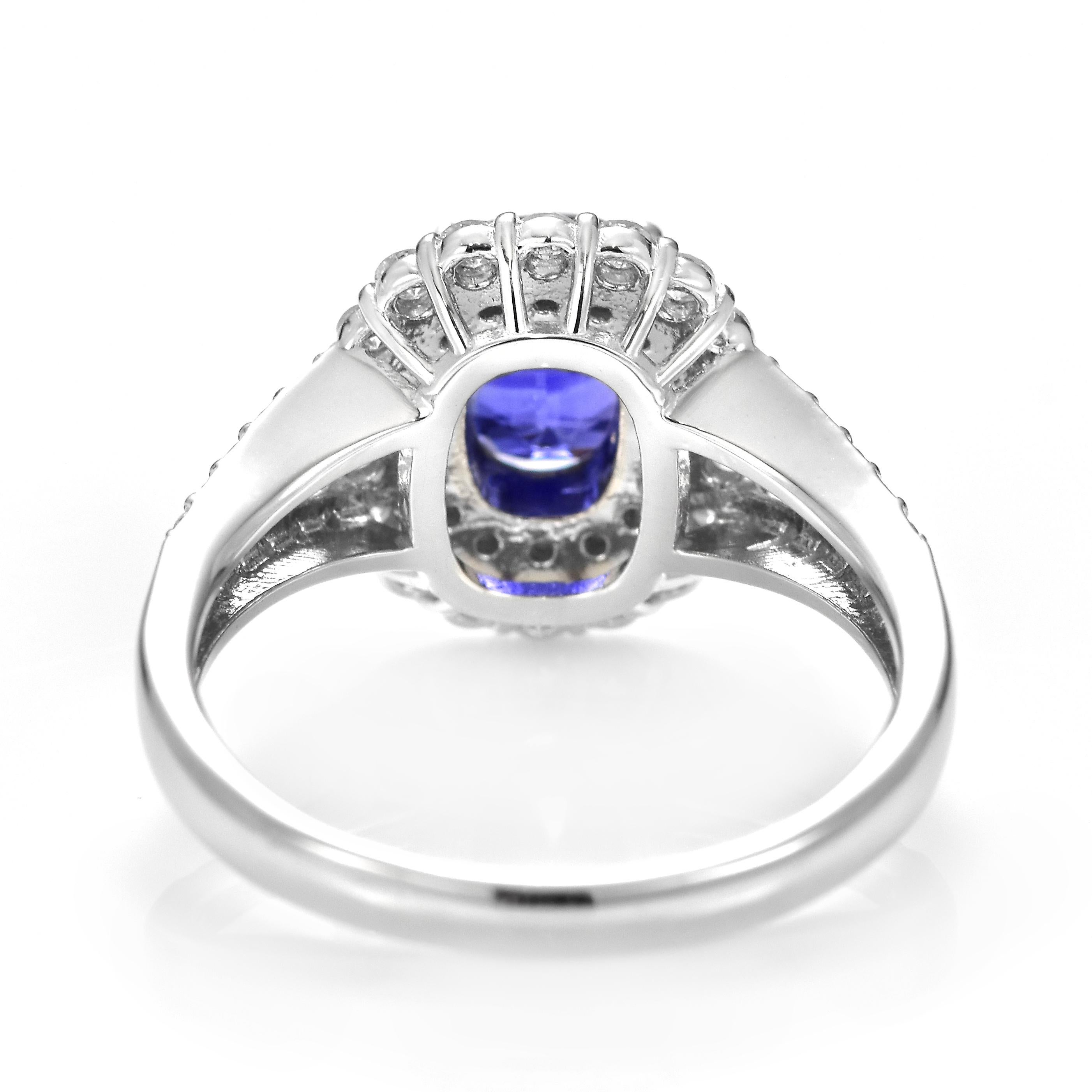 1.32 Carat Natural Velvet Blue Sapphire & Diamond Halo Set Ring Made in Platinum For Sale 6
