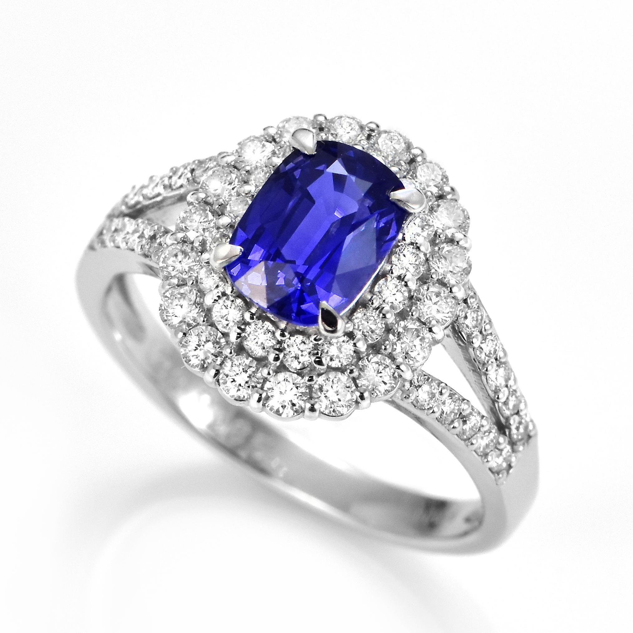 A beautiful ring featuring a 1.32 Carat Natural Sapphire and 0.65 Carats Diamond Accents set in Platinum. Sapphires have extraordinary durability - they excel in hardness as well as toughness and durability making them very popular in jewelry.