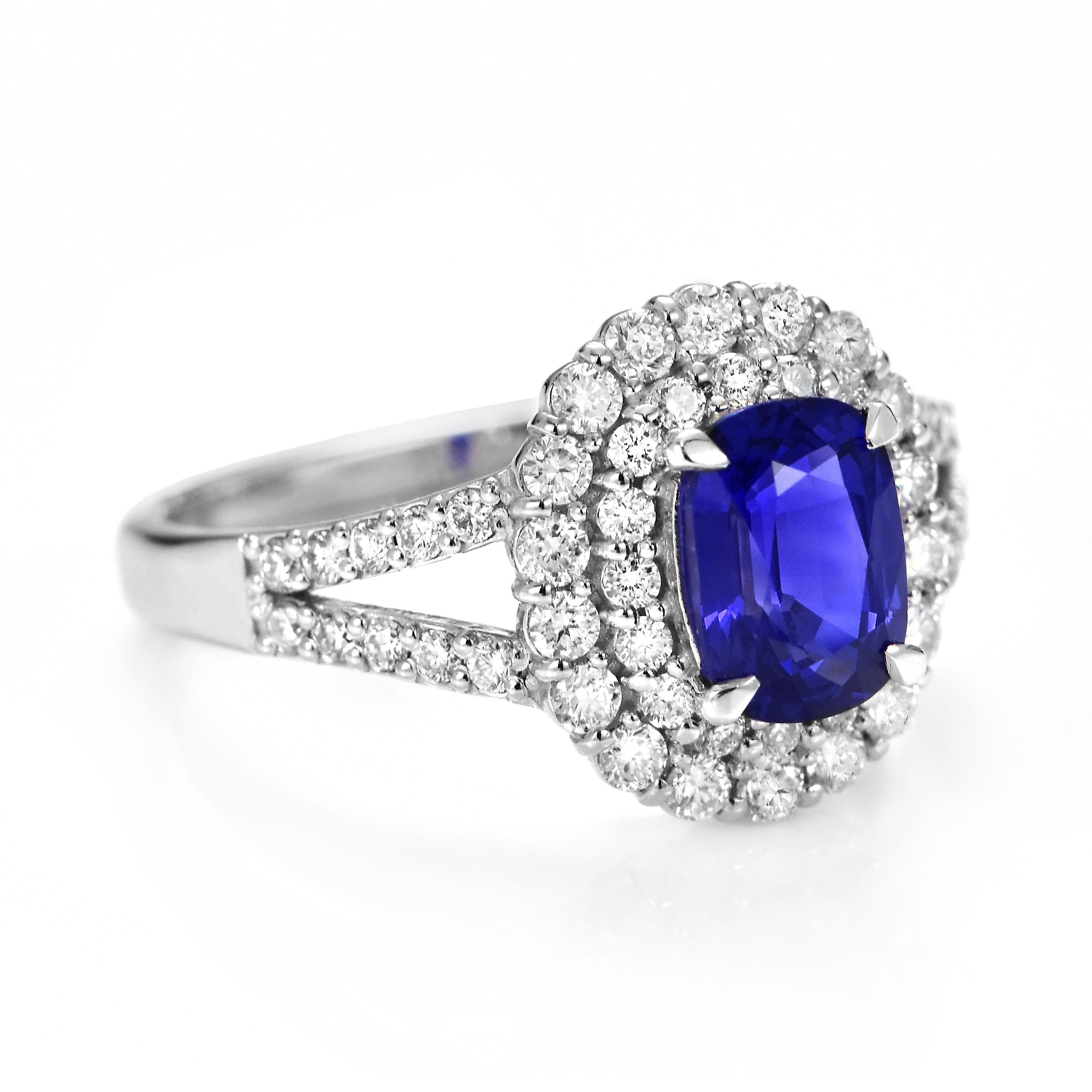 Cushion Cut 1.32 Carat Natural Velvet Blue Sapphire & Diamond Halo Set Ring Made in Platinum For Sale