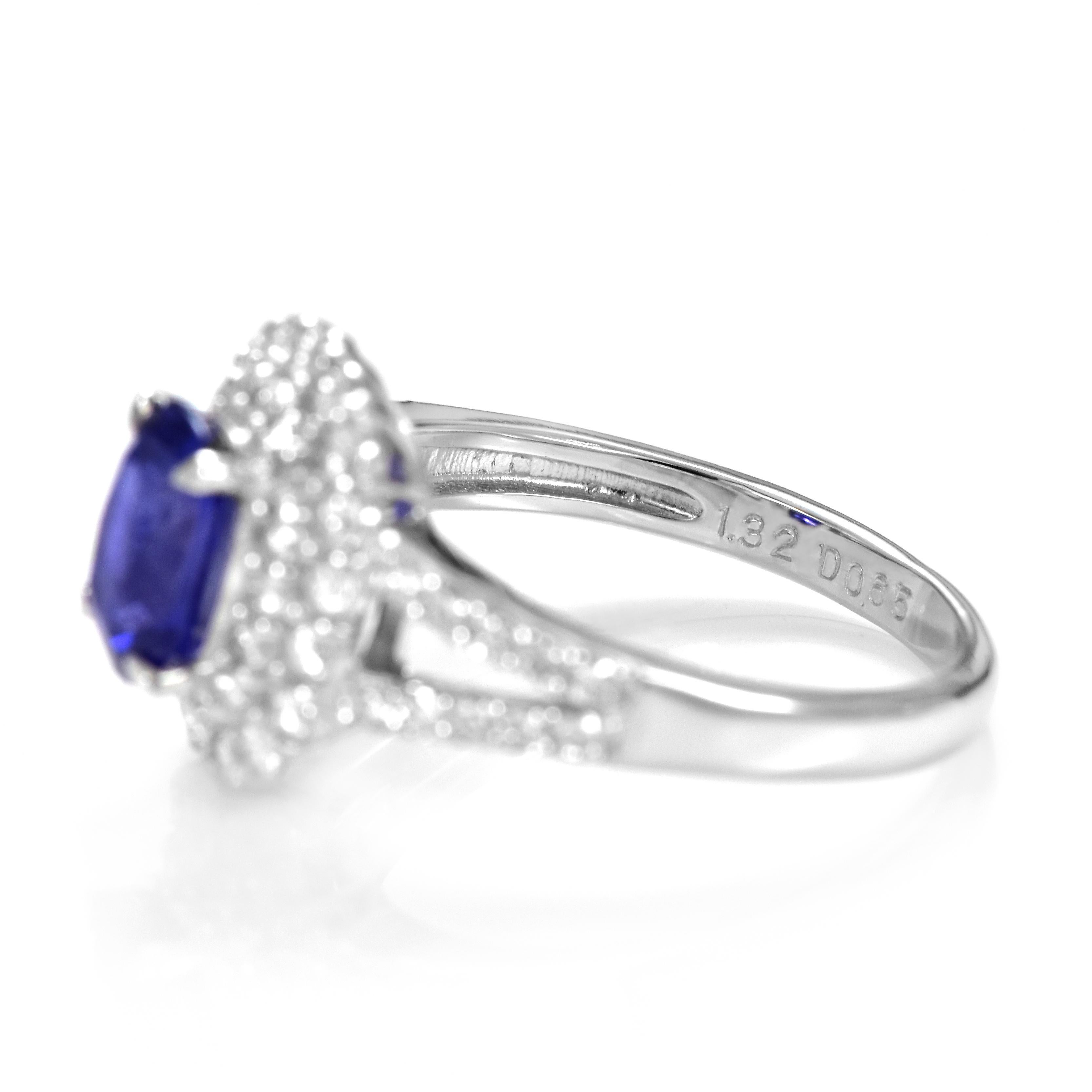 1.32 Carat Natural Velvet Blue Sapphire & Diamond Halo Set Ring Made in Platinum For Sale 2