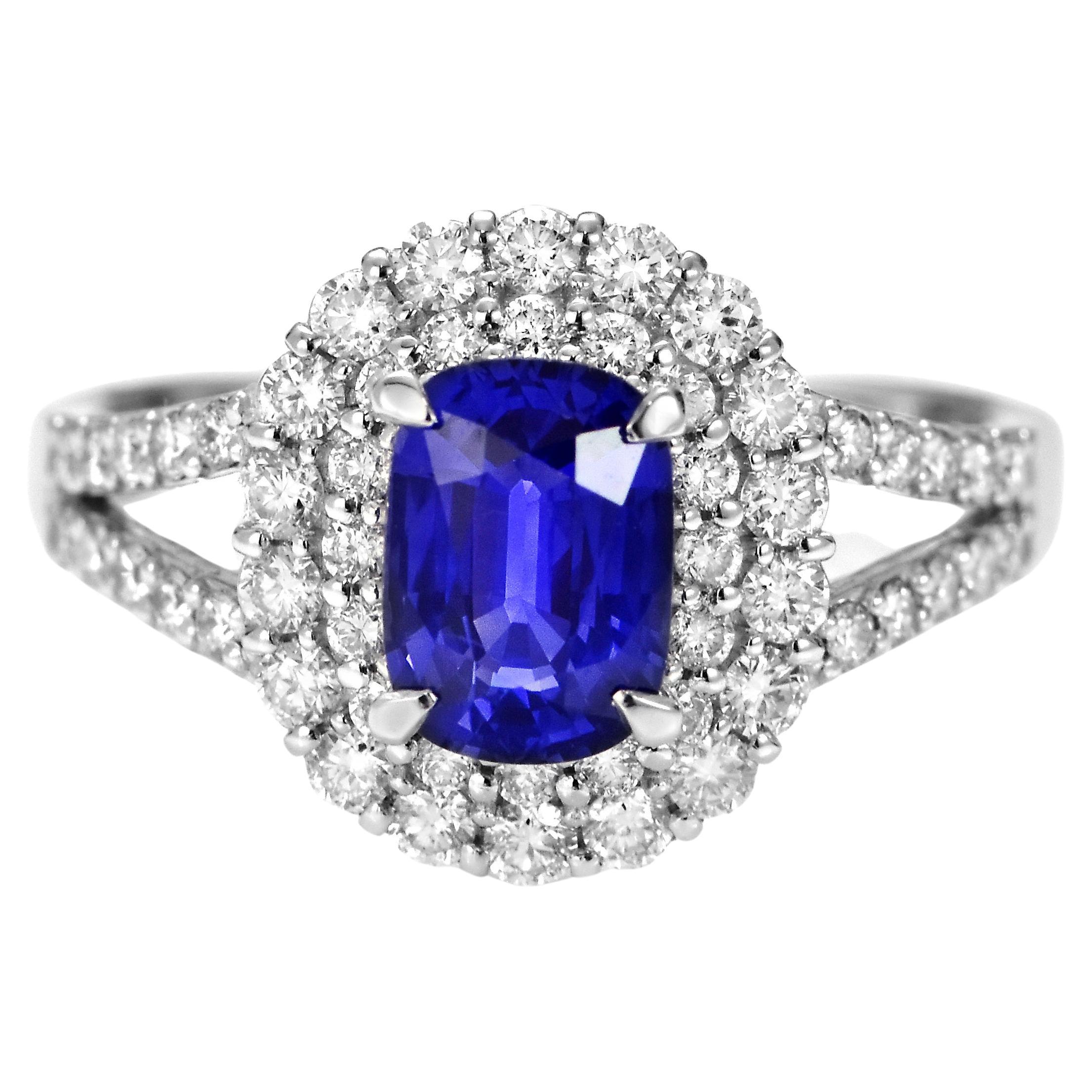 1.32 Carat Natural Velvet Blue Sapphire & Diamond Halo Set Ring Made in Platinum For Sale