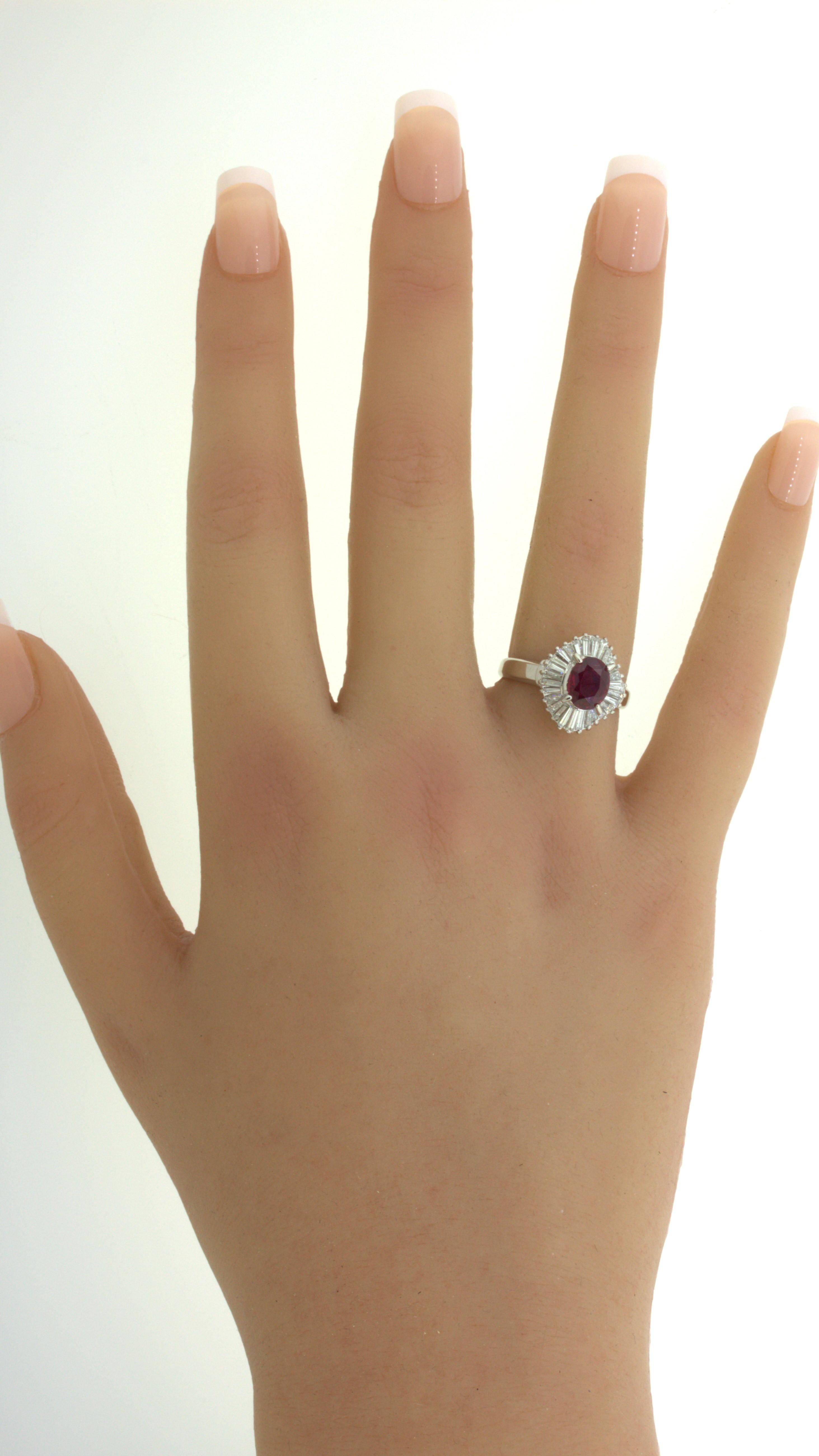 1.32 Carat No-Heat Ruby Diamond Platinum Ballerina Ring, GIA Certified For Sale 7