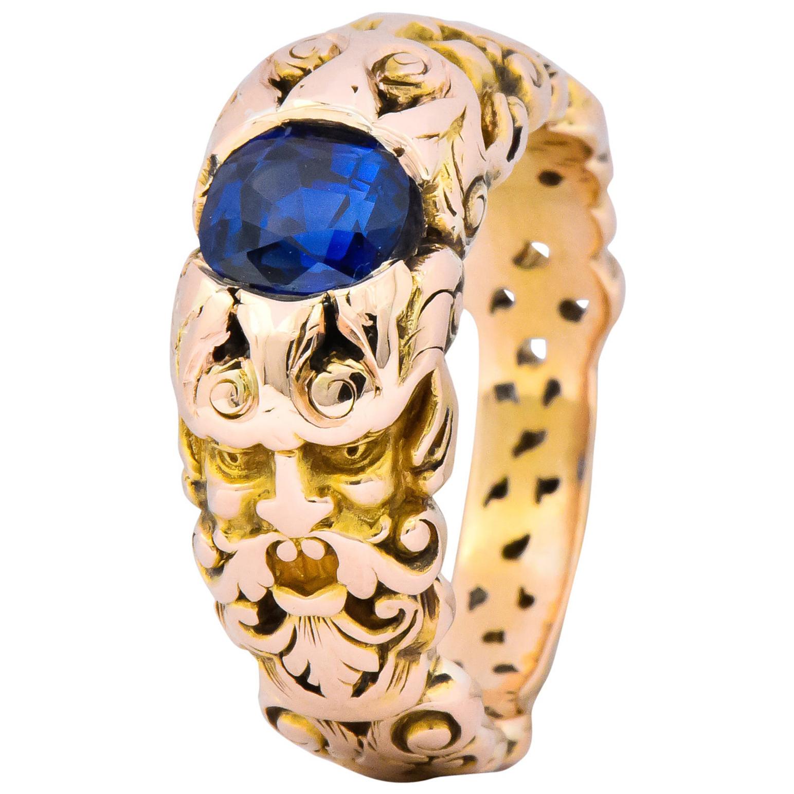 1.32 Carat No Heat Sapphire 14 Karat Gold Anemoi God of Wind Ring AGL Carter