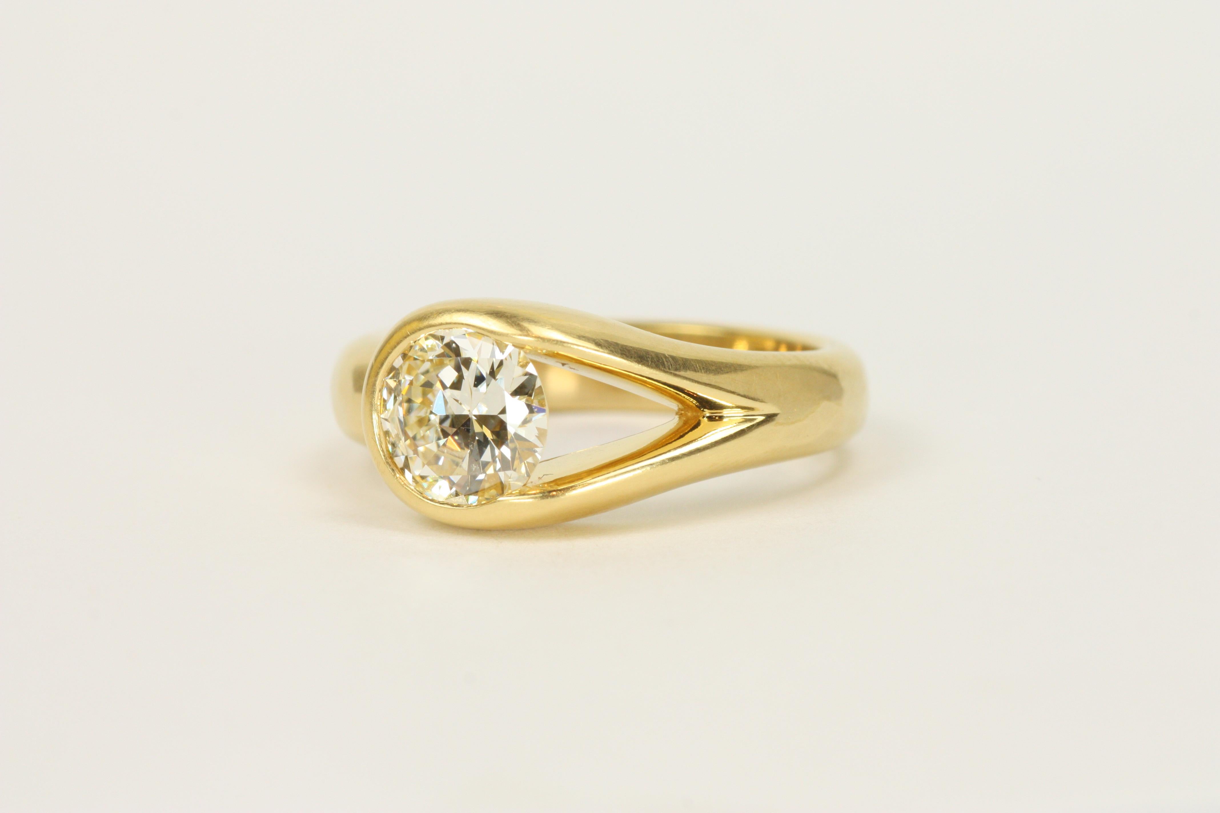 1.32 Carat Old European Cut Asymmetrical Bezeled 22K Solitaire Engagement Ring 1