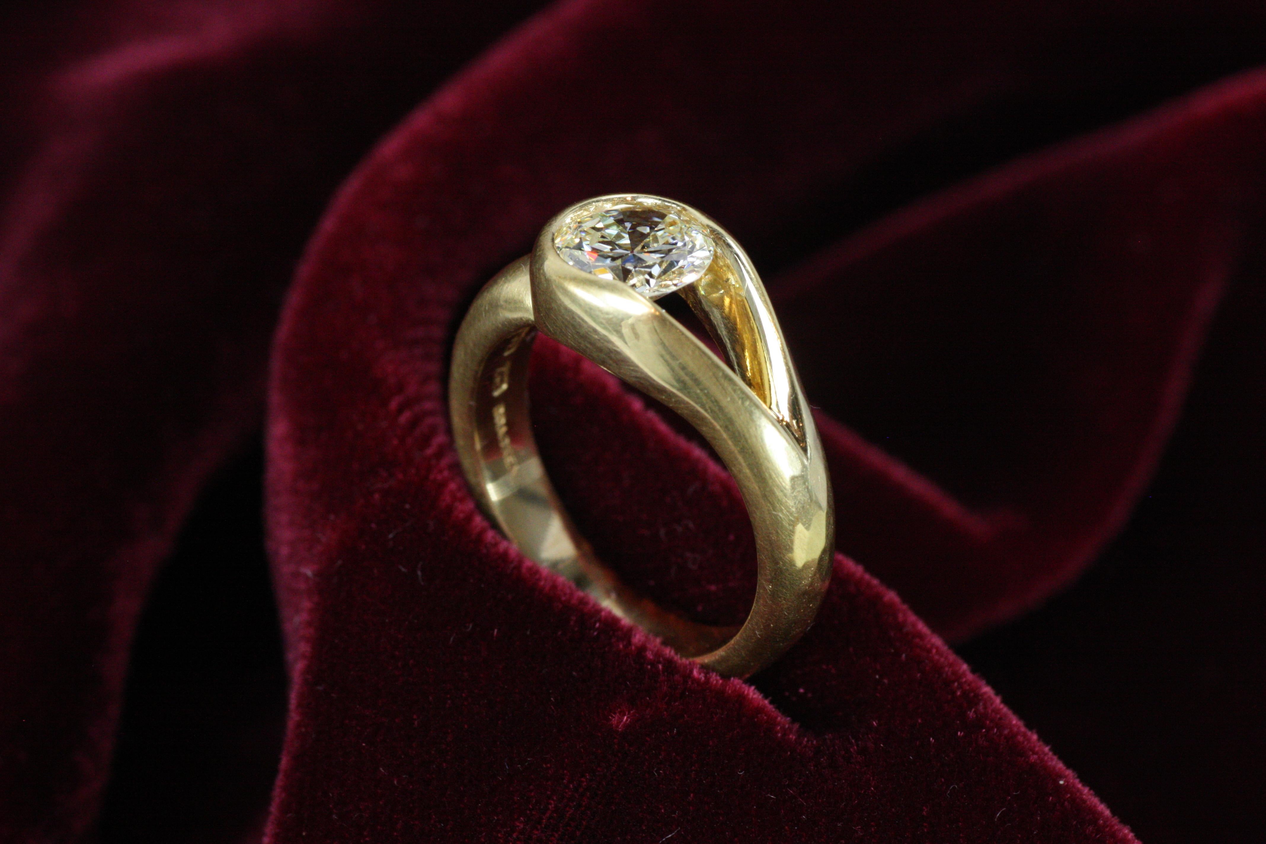 Modern 1.32 Carat Old European Cut Asymmetrical Bezeled 22K Solitaire Engagement Ring