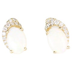 Vintage 1.32 Carat Opal Oval Cab and Diamond 10K Yellow Gold Stud Earring
