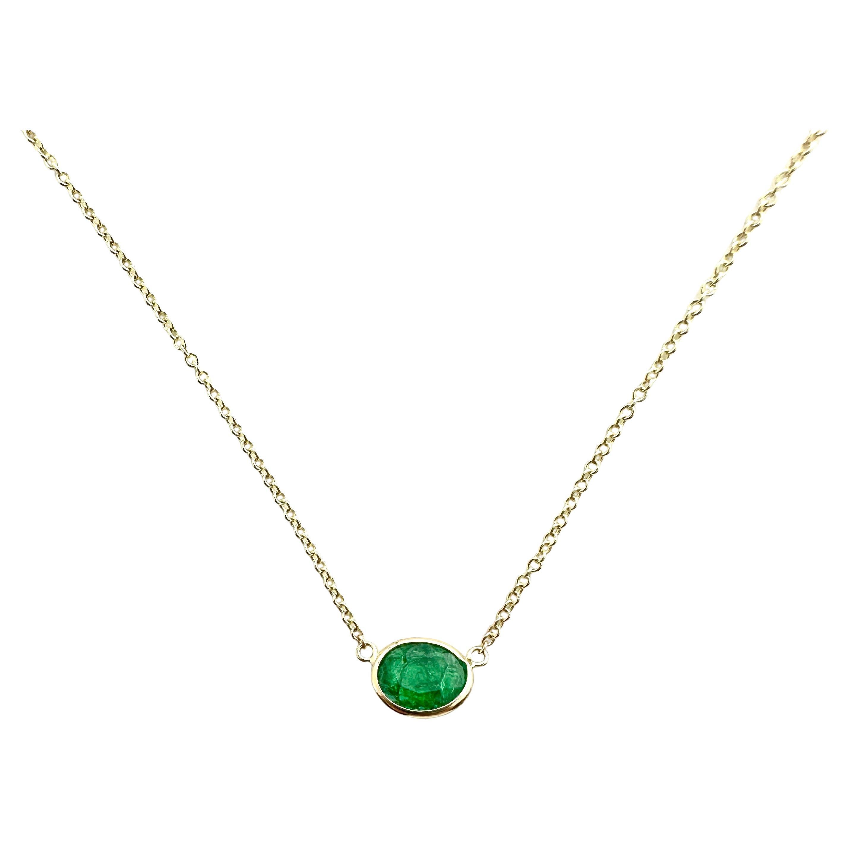 1.32 Carat Oval Green Emerald Fashion Necklace 14K Yellow Gold Elegant & Timeles