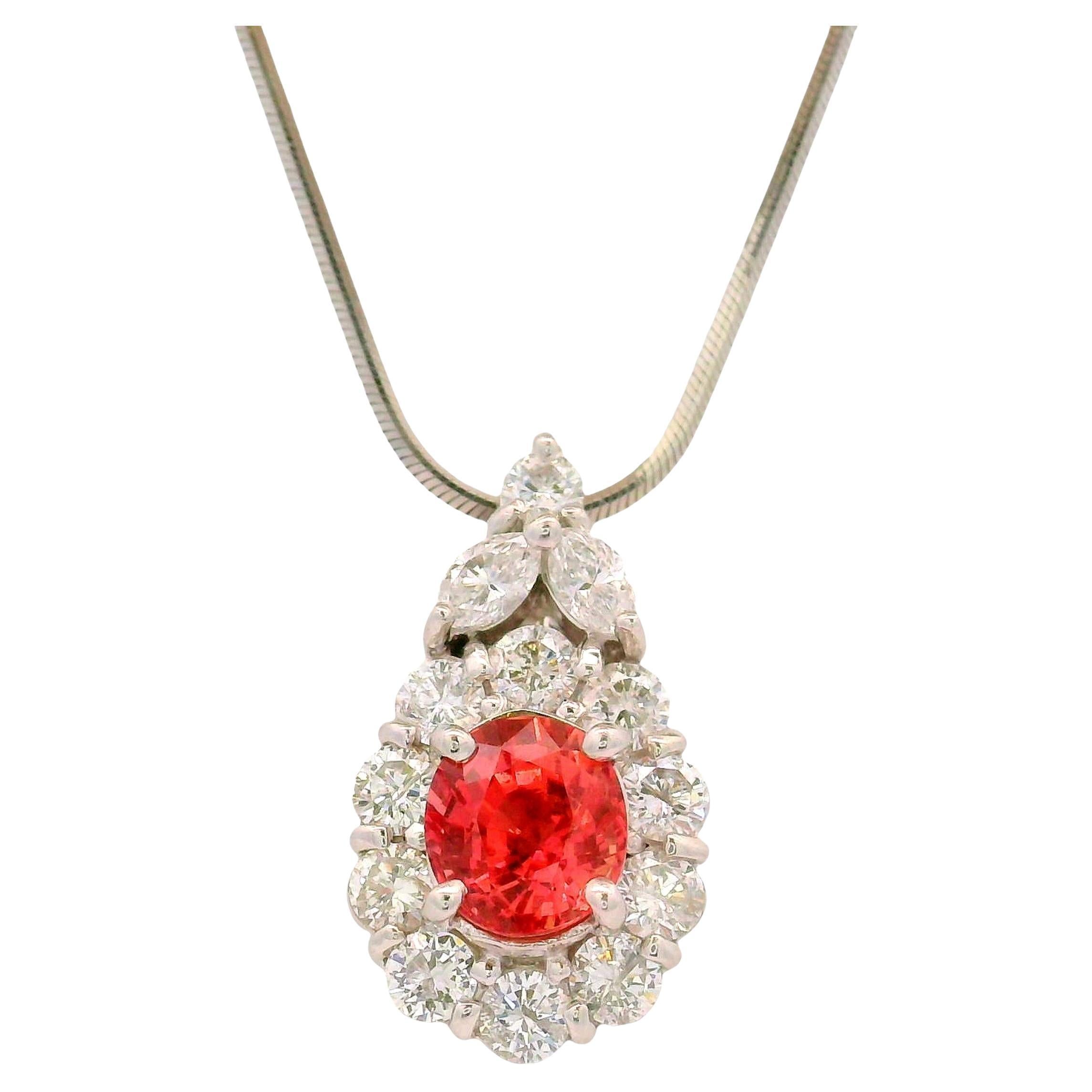 1.32 Carat Padparadscha Sapphire Diamond Platinum Halo Pendant Necklace, GIA im Angebot