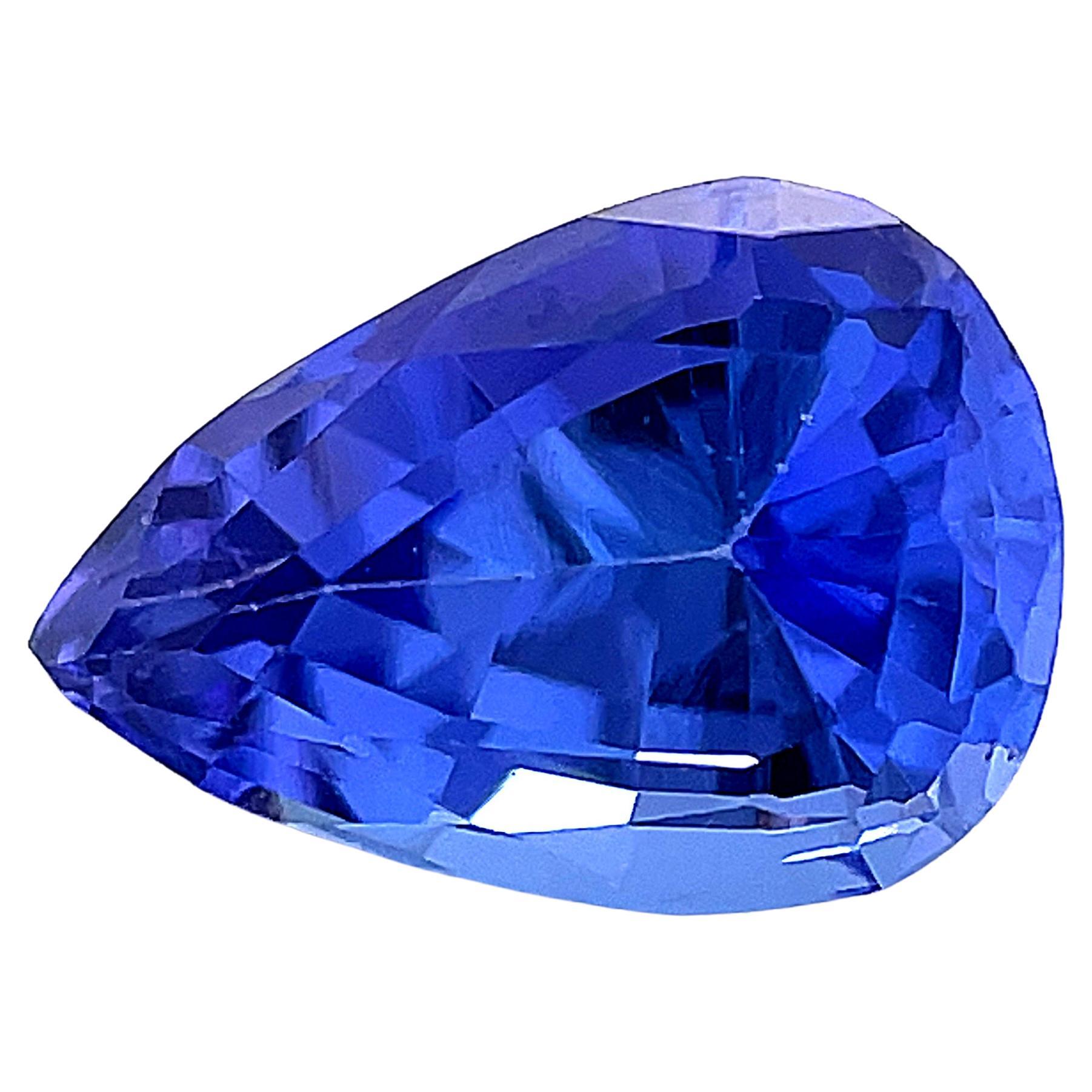 This 1.32 carat pear-shaped tanzanite is a real beauty! It has classic bluish violet color and a depth of color that is generally only seen in much larger stones. Measuring 8.56 x 5.88 millimeters, this gem is a beautifully proportioned pear shape