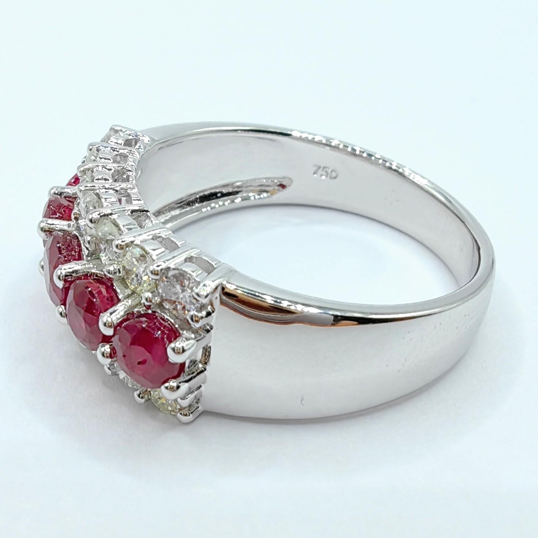 Contemporary 1.32 Carat Pigeon Blood Ruby & Diamond Half Eternity Ring in 18K White Gold For Sale