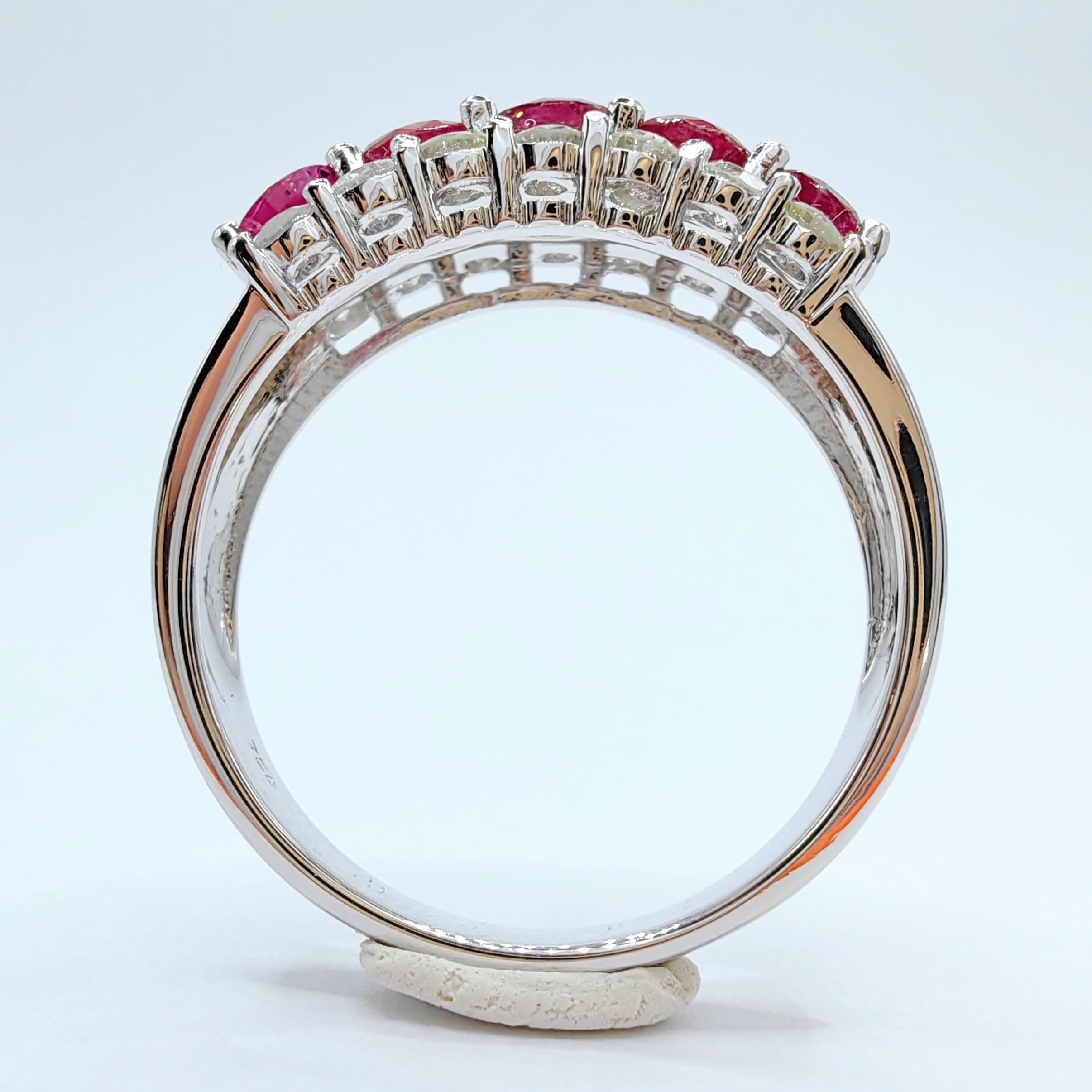 Round Cut 1.32 Carat Pigeon Blood Ruby & Diamond Half Eternity Ring in 18K White Gold For Sale
