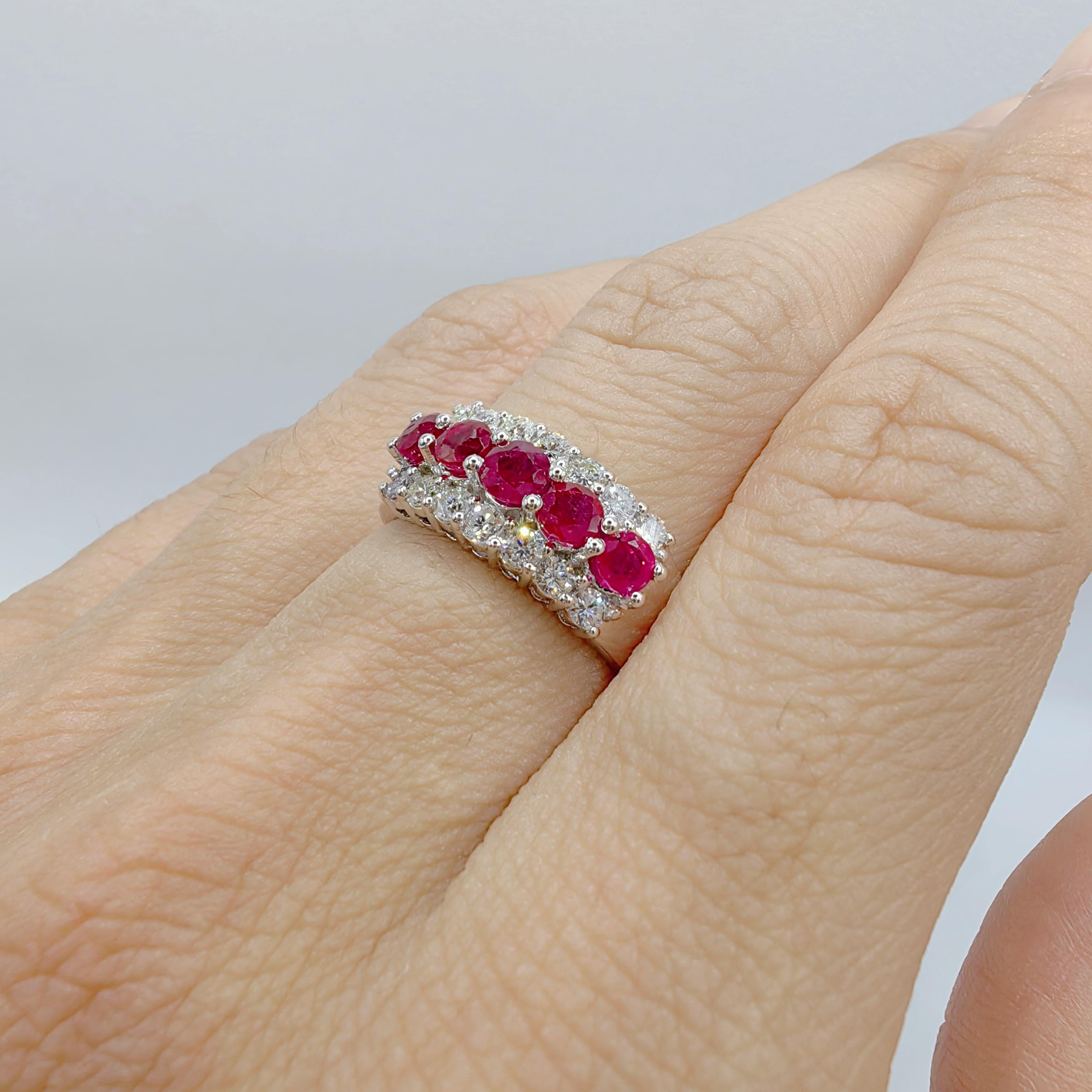 1.32 Carat Pigeon Blood Ruby & Diamond Half Eternity Ring in 18K White Gold For Sale 1