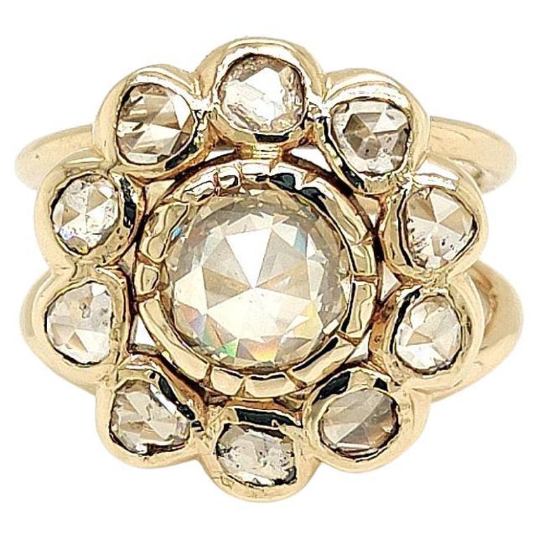 Bague Victorienne En Or 18k - Motif Trèfle Avec Diamant Taille Roses - Taille 55 - Circa 1880