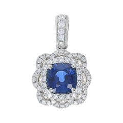 1.32 Carat Sapphire and Diamond Double Halo Pendant 14 Karat Gold Flower Blossom