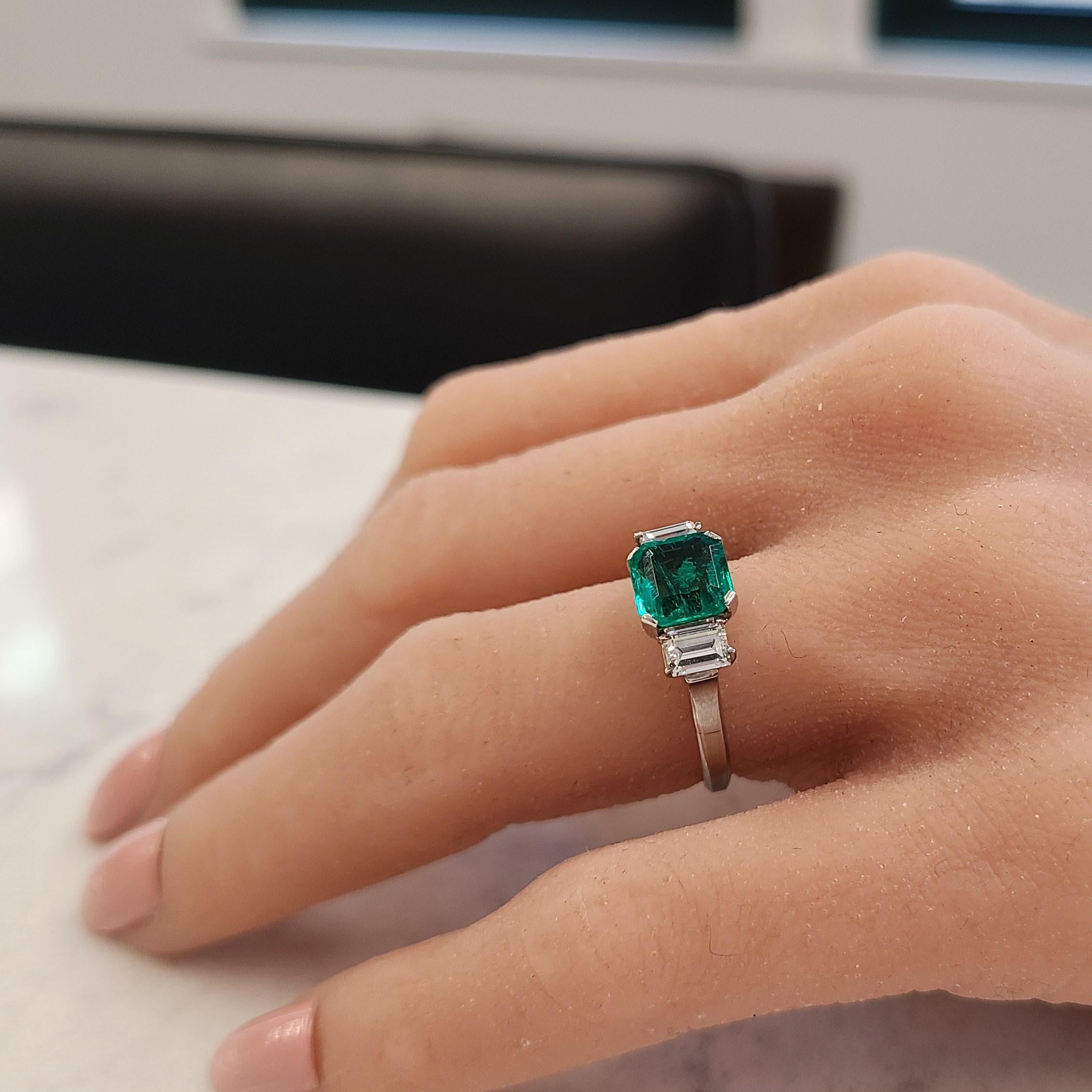 Emerald Cut 1.32 Carat Square Columbian Emerald & Diamond Ring in Platinum For Sale