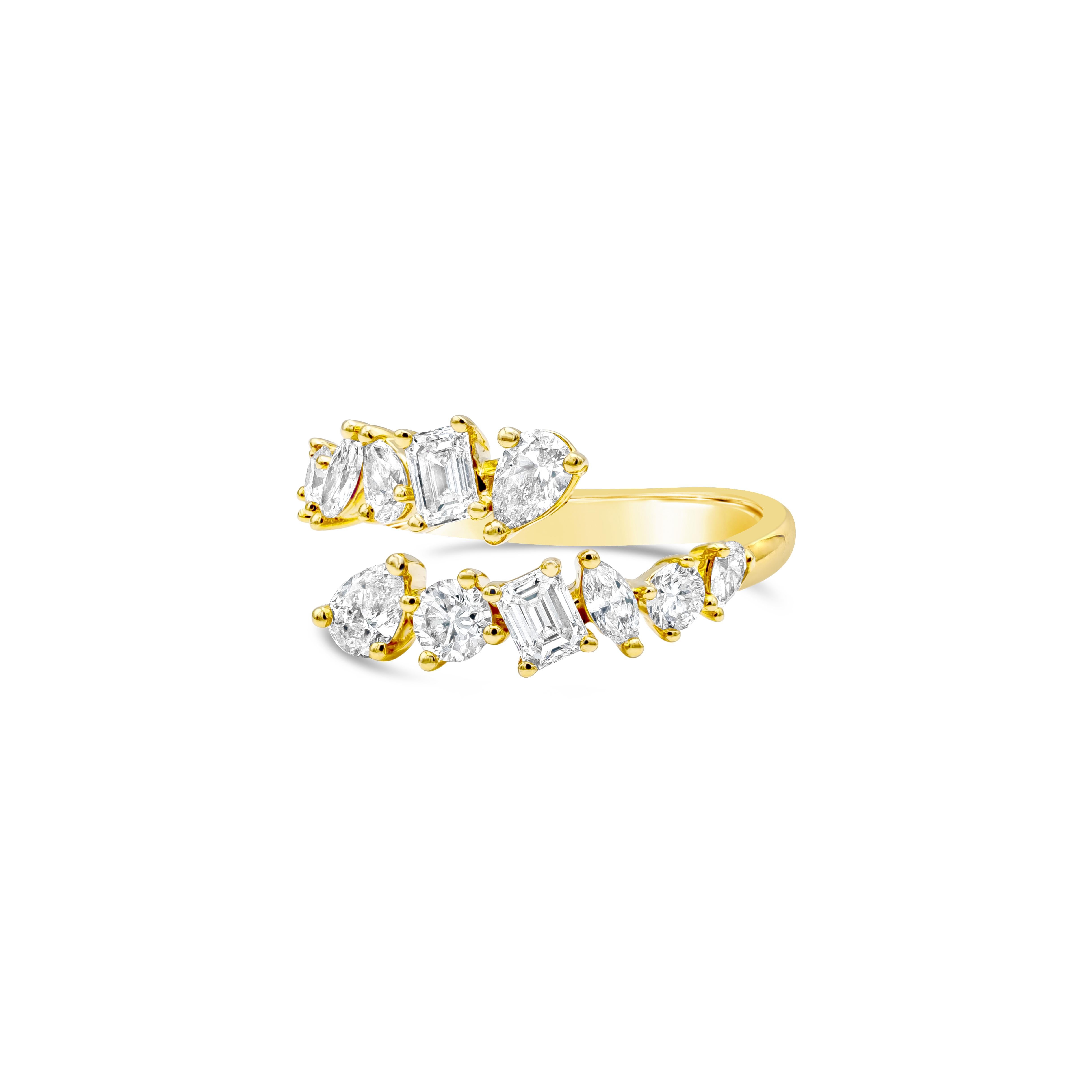 A very chic, distinctive and fashionable ring showcasing a series of mixed cut diamonds in a two row inter-twisting design that consist of pear shape, brilliant round, marquise and emerald cut. Diamonds weigh 1.32 carats total, G-H Color and SI in