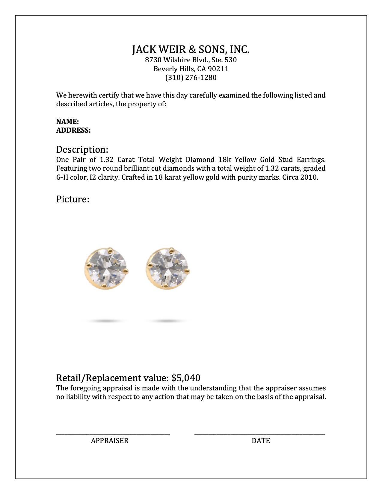 Women's or Men's 1.32 Carat Total Weight Diamond 18k Yellow Gold Stud Earrings For Sale
