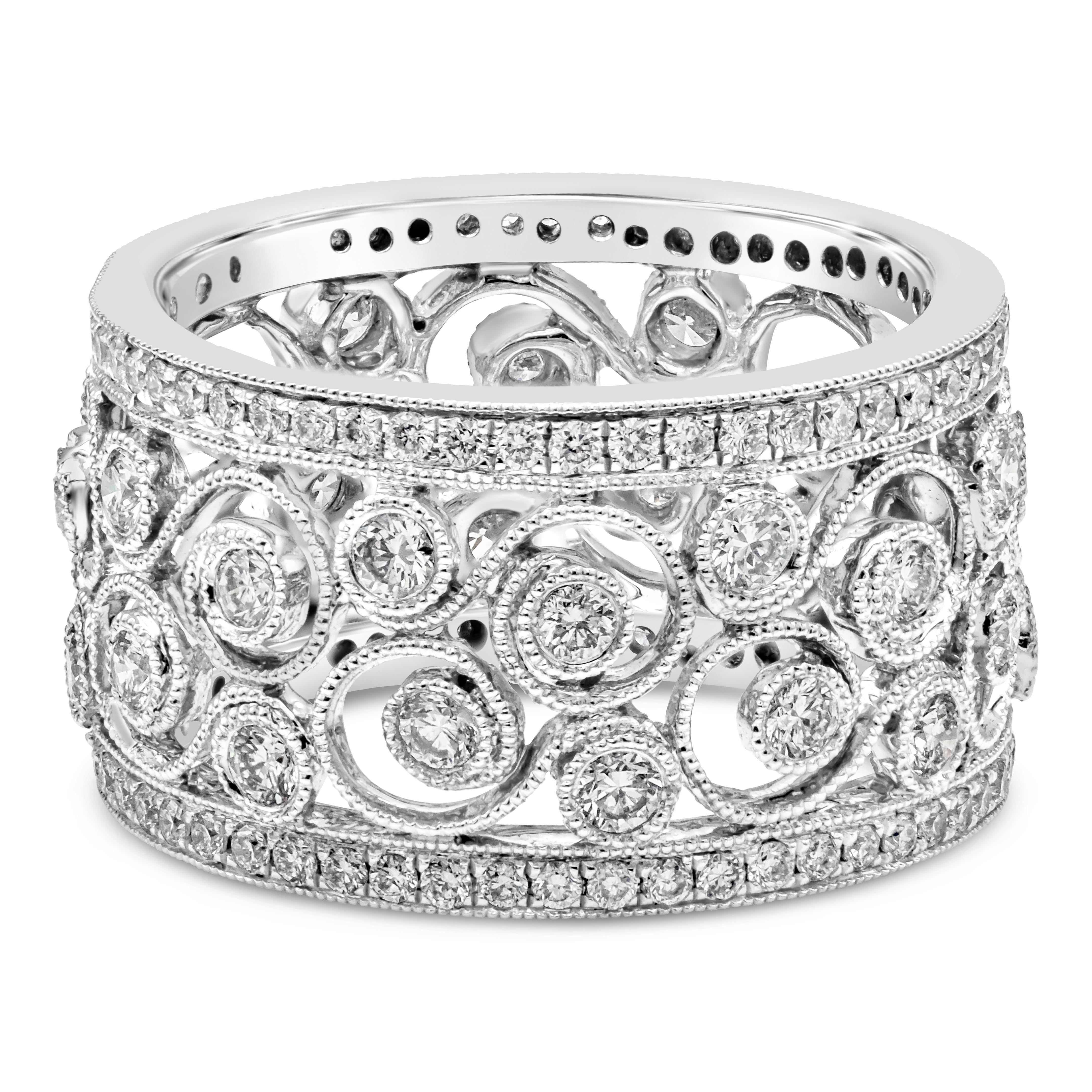 Featuring a unique and antique-looking design wedding band ring set with 136 brilliant round diamonds weighing 1.32 carats total. Finely Made in 18k white gold. Size 6US resizable upon request and 0.45 inches in width.

Style available in different
