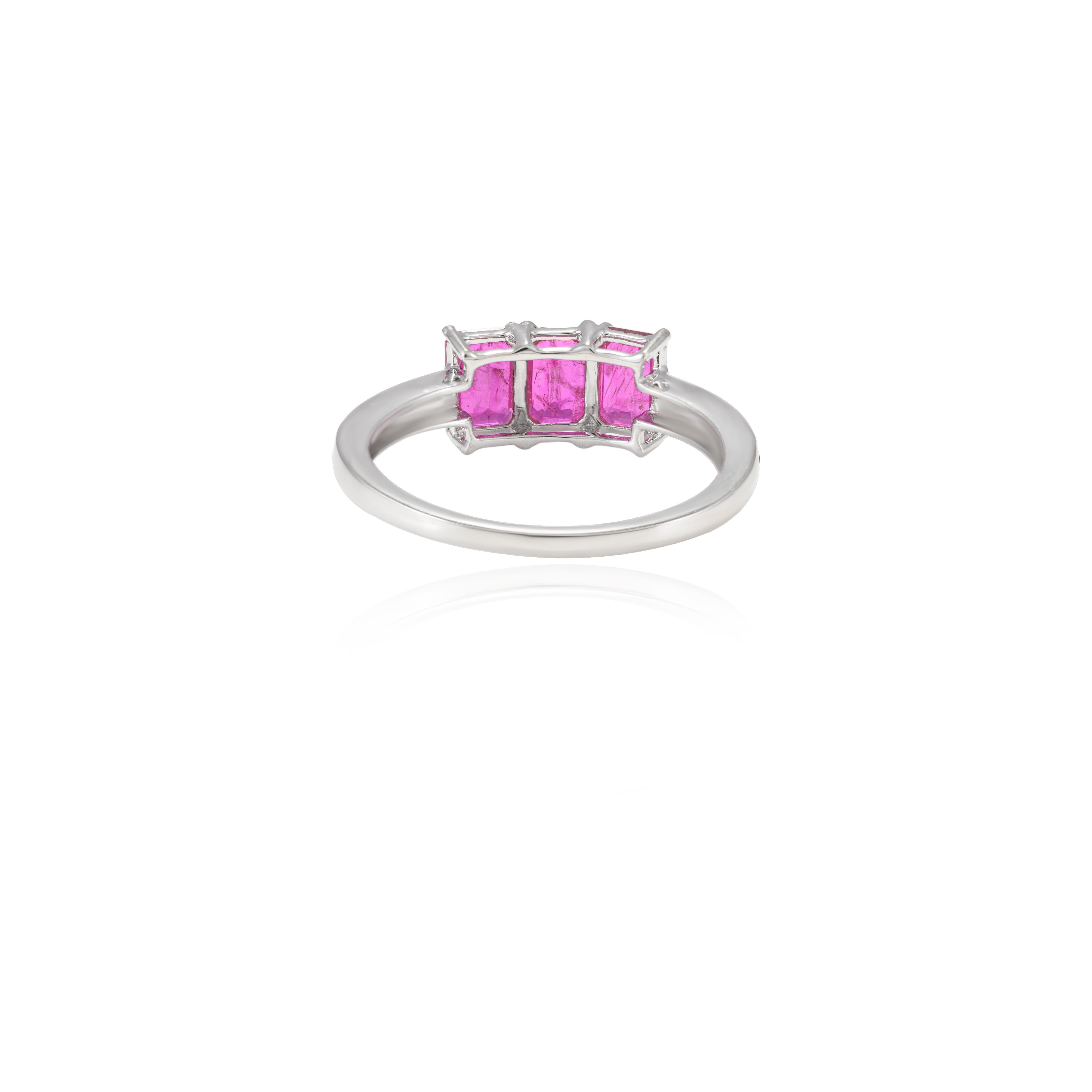 For Sale:  Three Stone Emerald Cut Ruby and Diamond Accent Ring in 14k White Gold 2
