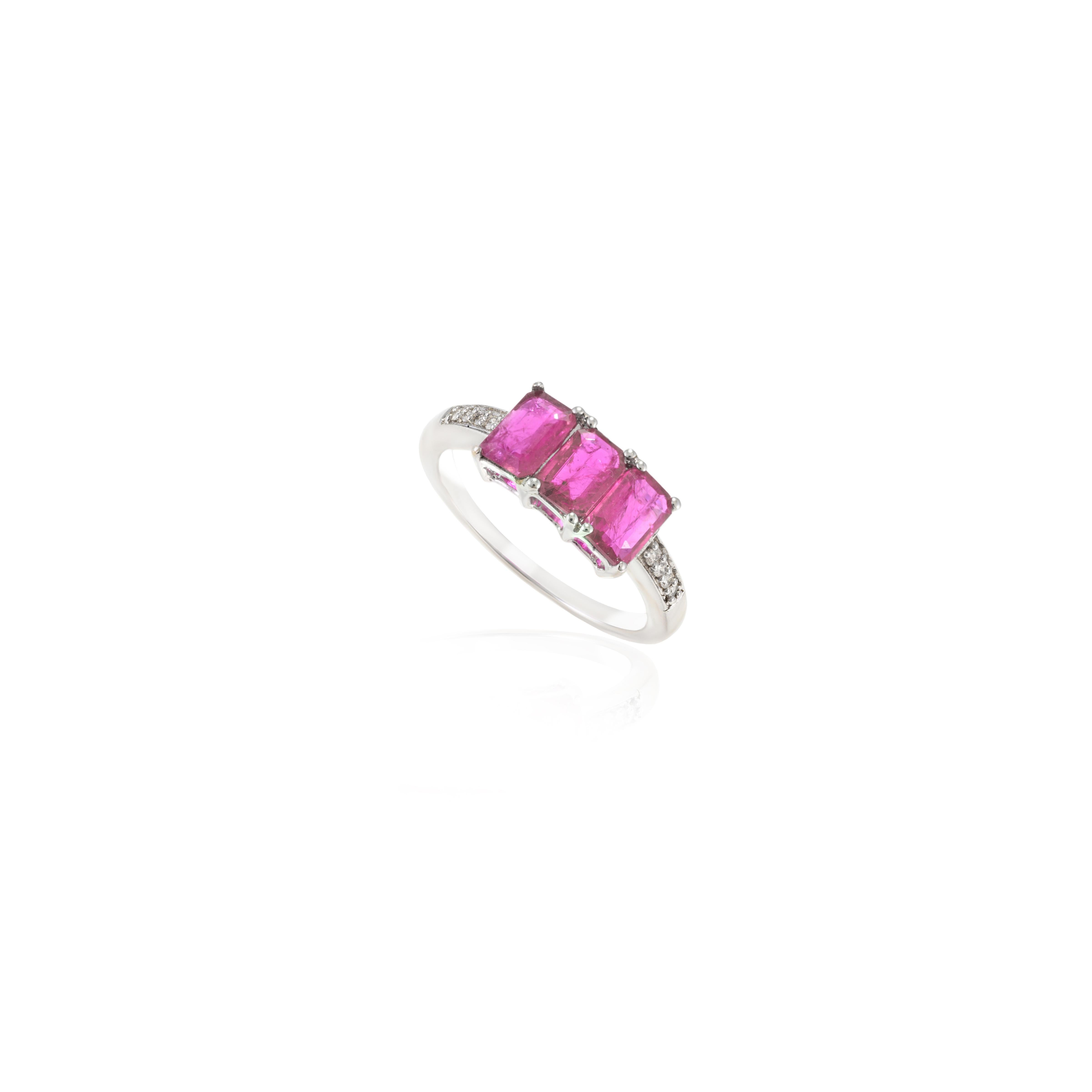 For Sale:  Three Stone Emerald Cut Ruby and Diamond Accent Ring in 14k White Gold 4