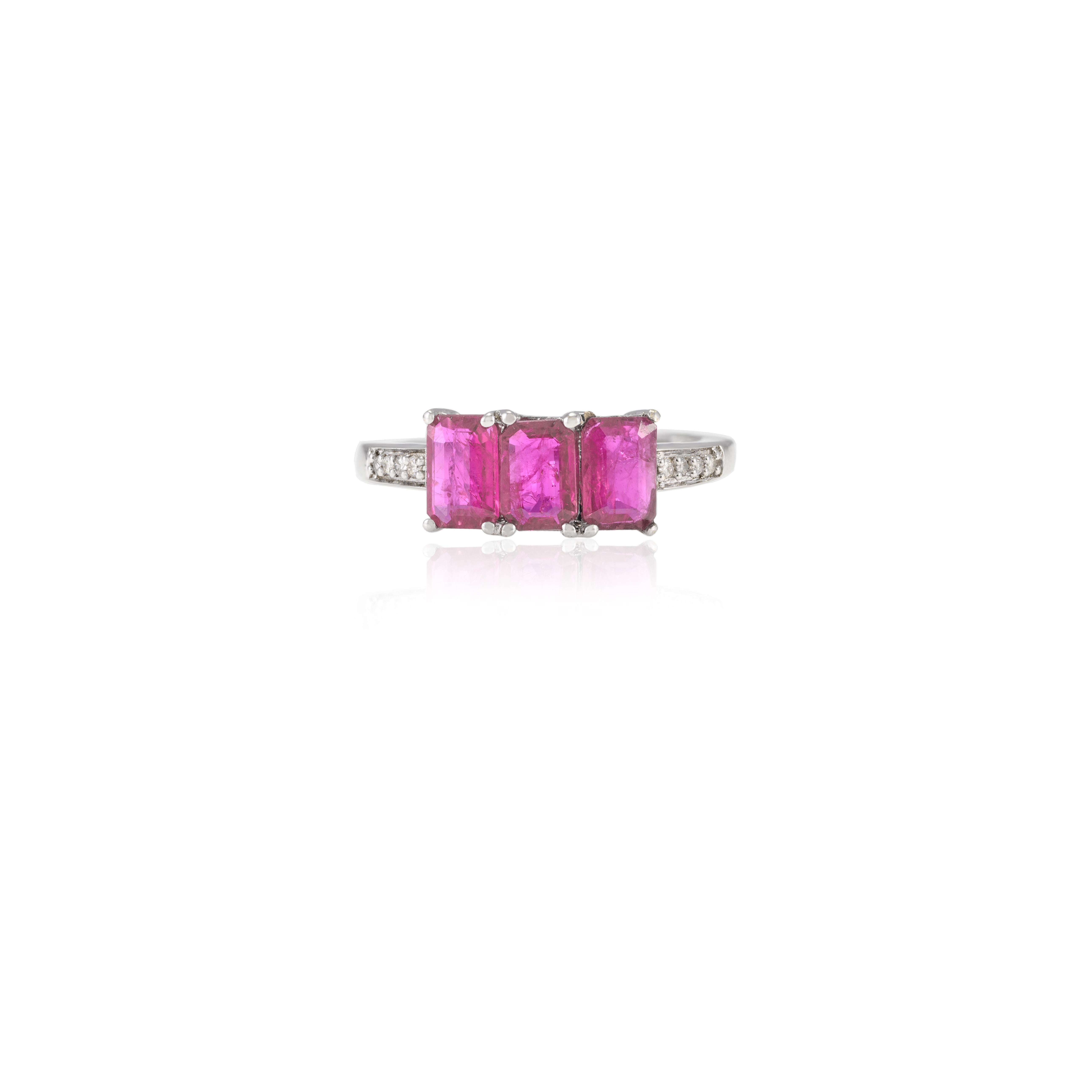 For Sale:  Three Stone Emerald Cut Ruby and Diamond Accent Ring in 14k White Gold 6